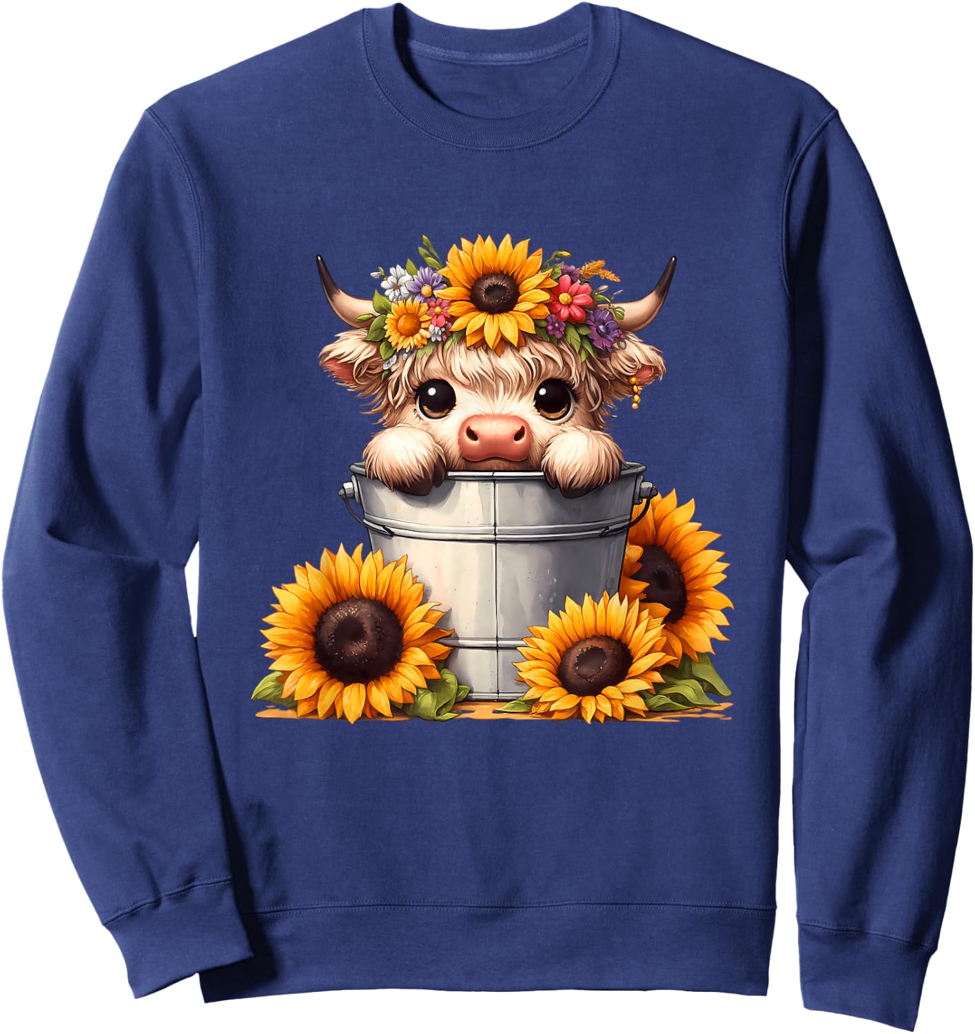 Cute Baby Highland Cow with Sunflowers in Bucket, Calf Sweatshirt - Sweatshirt | Navy