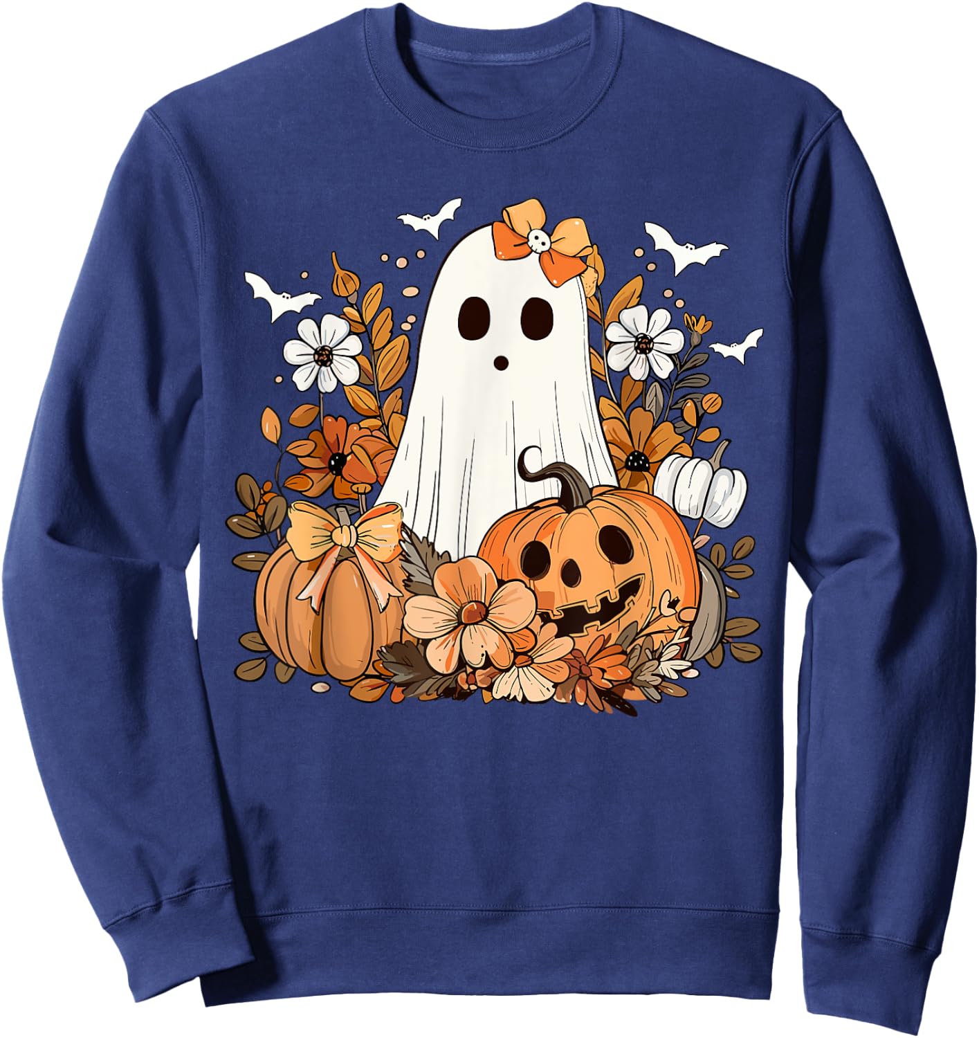 Retro Floral Ghost Cute Pumpkin Autumn Halloween Women Kids Sweatshirt - Sweatshirt | Navy