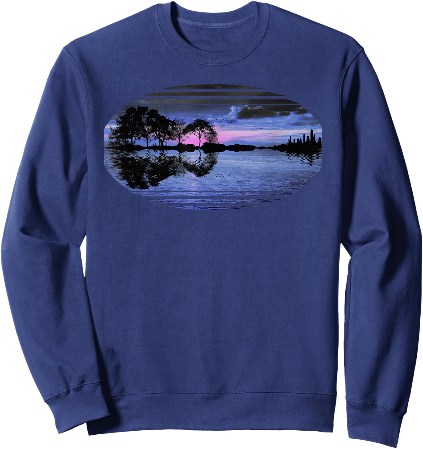 Guitar Sunset Sky Trees City Lake Reflection Stylish Design Sweatshirt - Sweatshirt | Navy