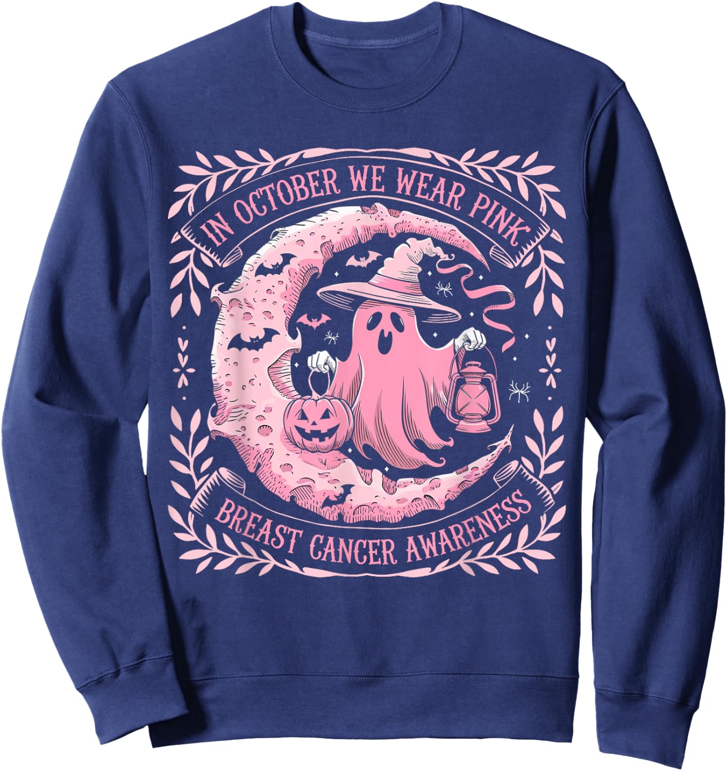 October We Wear Pink Ghost Halloween Pumpkins Breast Cancer Sweatshirt - Sweatshirt | Navy