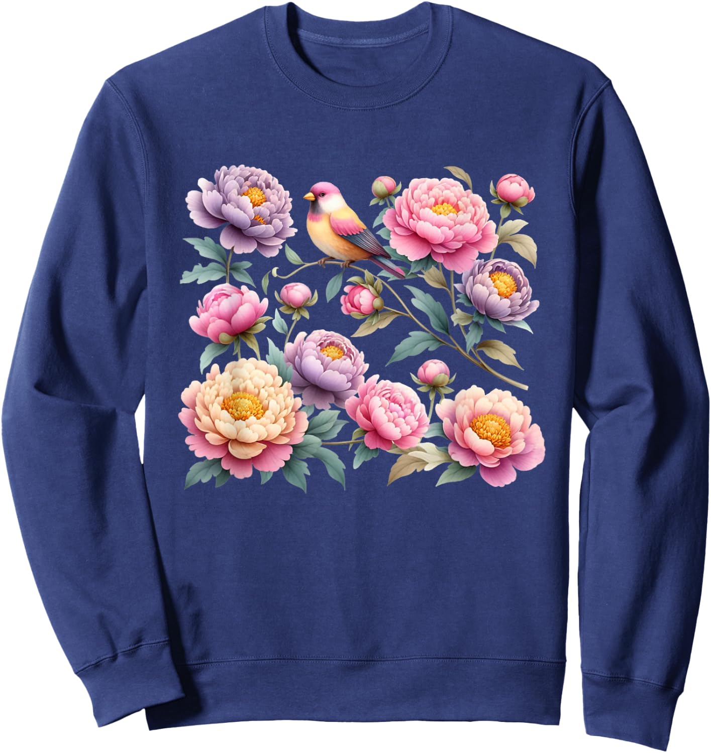 Beautiful Peonies Flowers Blossom Bird Nature Lover Gardener Sweatshirt - Sweatshirt | Navy