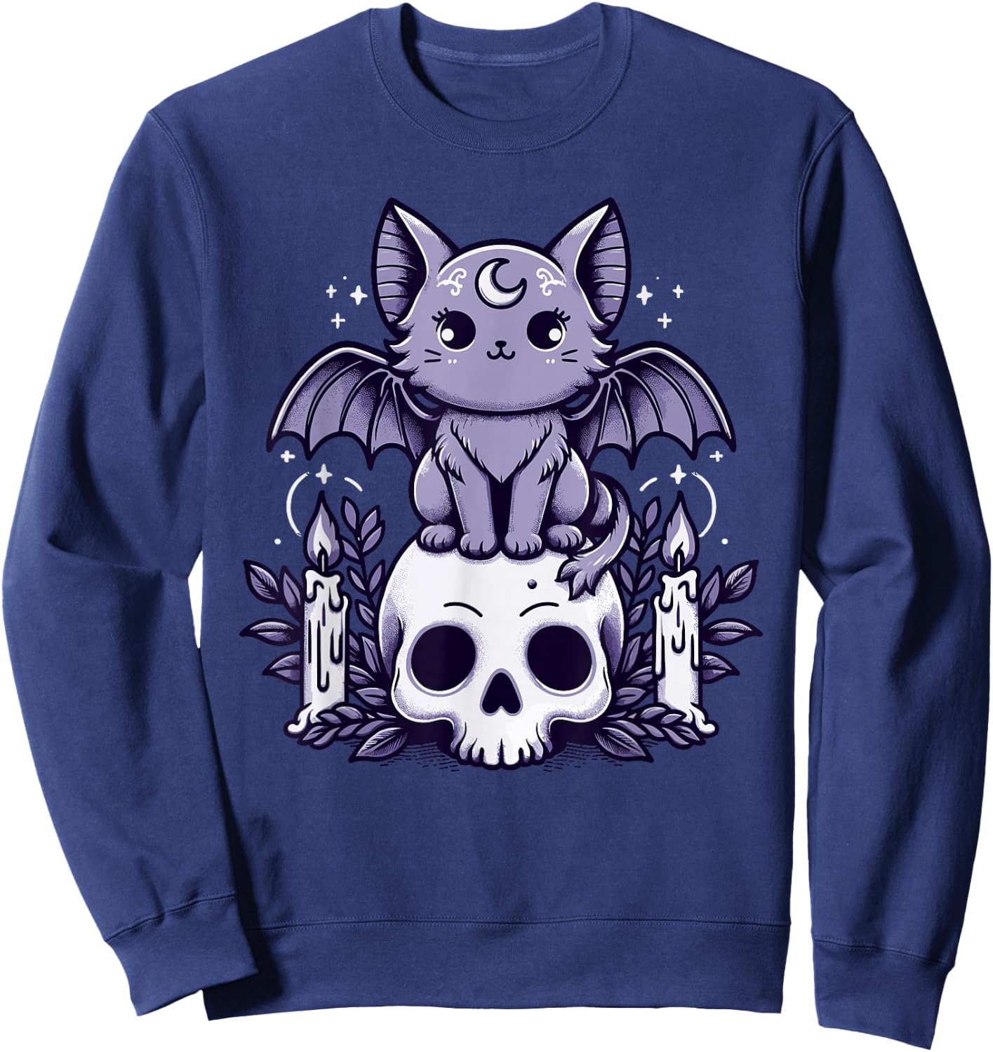 Kawaii Pastel Goth Cute Creepy Cat Bat Skeleton Sweatshirt - Sweatshirt | Navy