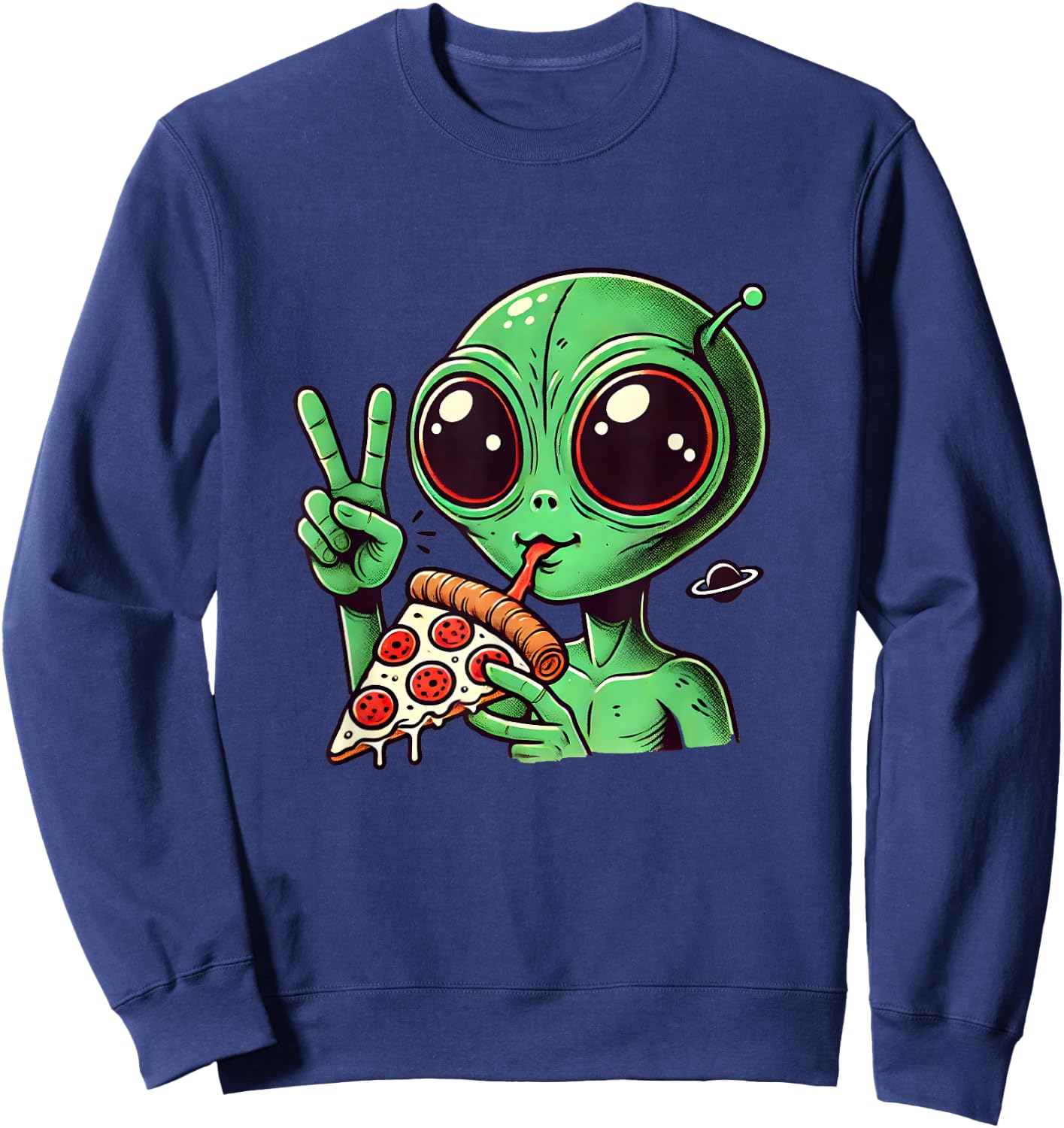 Funny Alien Head Eating Pizza UFO Extraterrestrial Sweatshirt - Sweatshirt | Navy