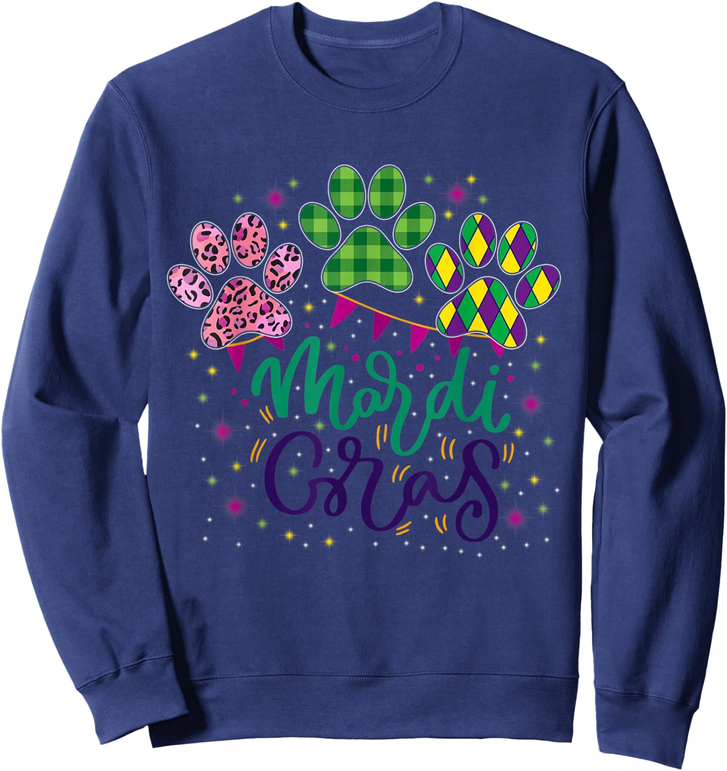 Leopard Print And Buffalo Plaid Dog Paw Mardi Gras Beads Men Women Sweatshirt - Sweatshirt | Navy