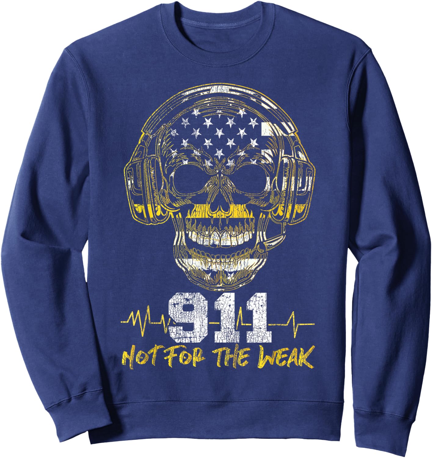 911 Dispatcher Thin Gold Yellow Line American Flag Skull Xxx Sweatshirt - Sweatshirt | Navy