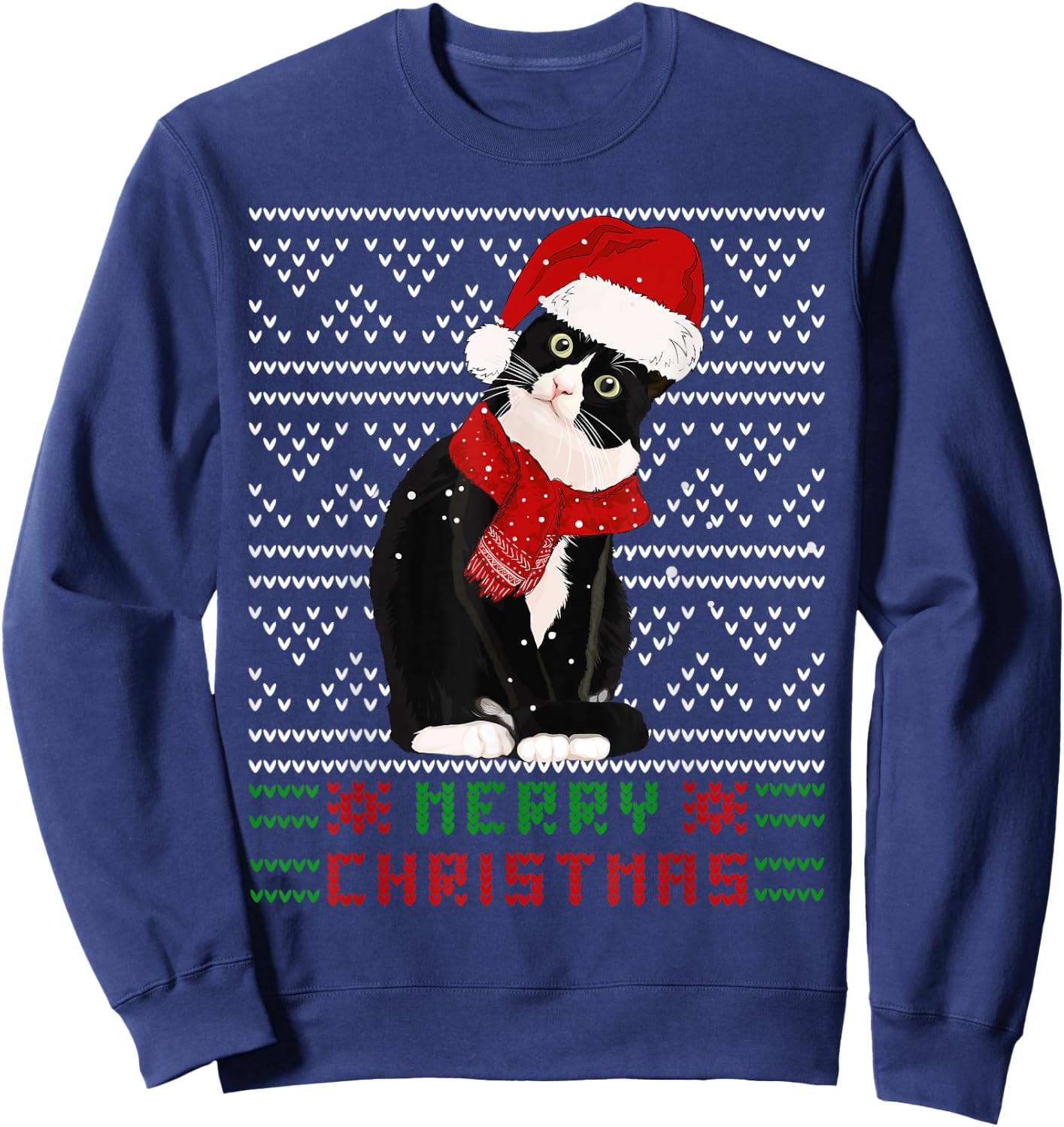 Ugly Christmas Black Cat Santa Hat Scarf Cute Tuxedo Cat Men Women Kids Sweatshirt - Sweatshirt | Navy