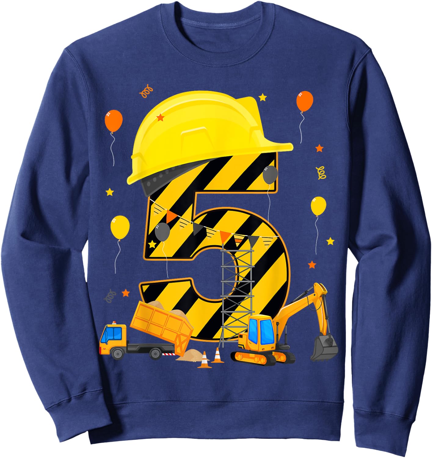 Five 5yr 5th Birthday Construction Vehicles 5 Year Old Sweatshirt - Sweatshirt | Navy