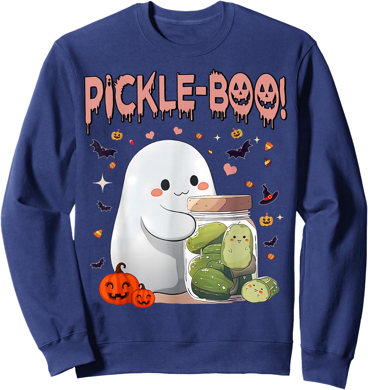 Vintage Kawaii Pickle Boo Ghost Halloween Spooky Season Sweatshirt - Sweatshirt | Navy