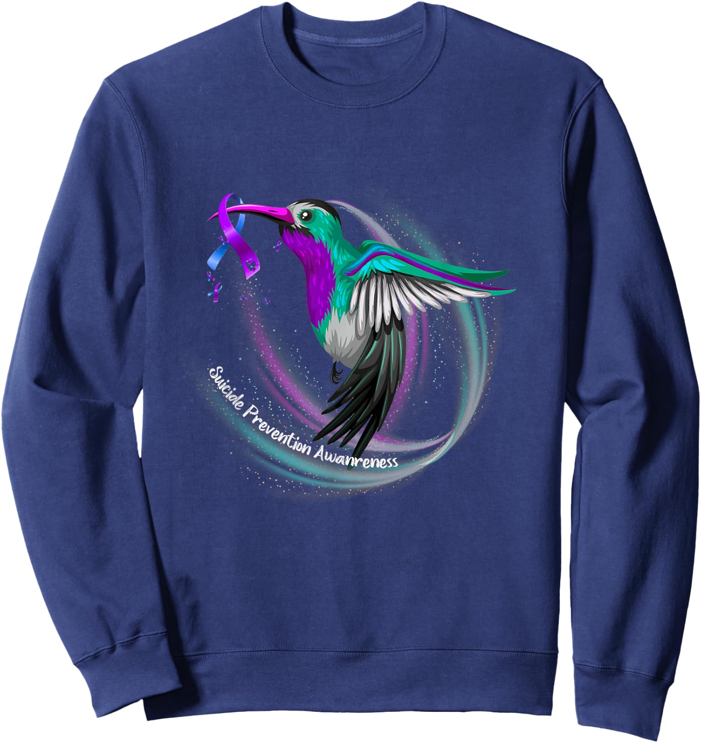 Hummingbird Purple Blue Ribbon Suicide Prevention Awareness Sweatshirt - Sweatshirt | Navy