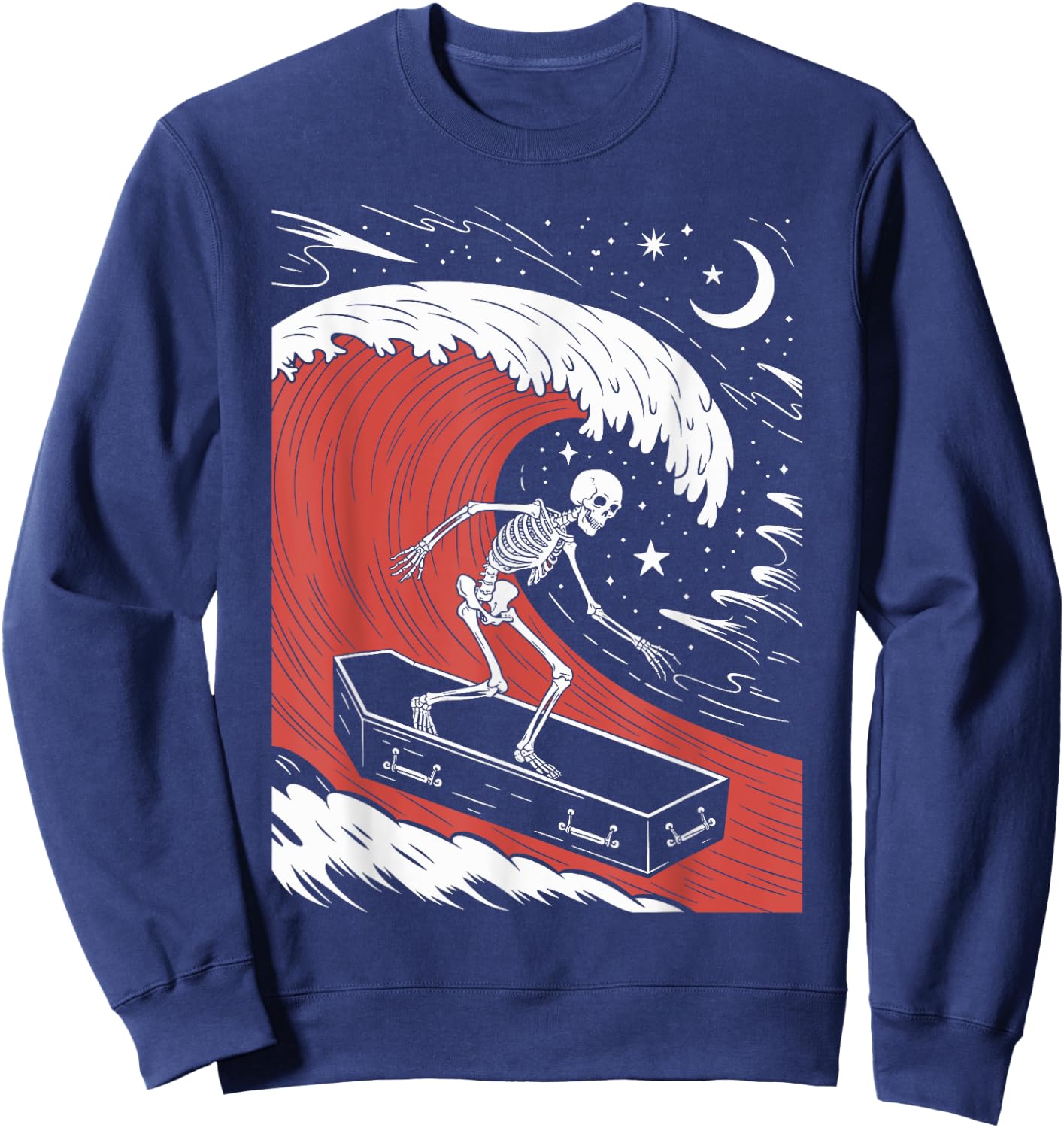 Funny Skeleton Surfing With a Coffin Spooky Halloween Surfer Sweatshirt - Sweatshirt | Navy