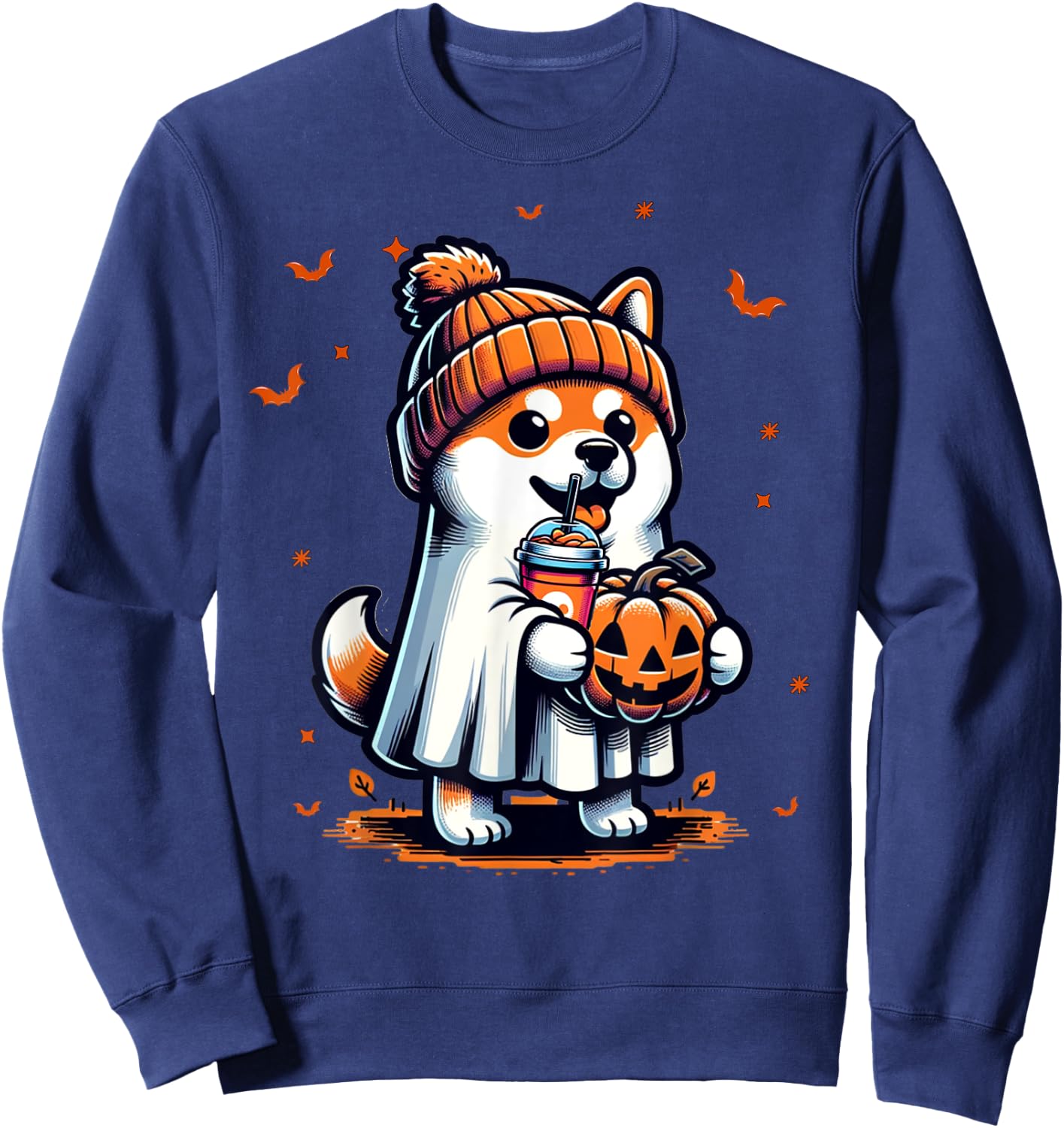 Ghost Shiba Inu Dog Pumpkin Drinks Beanie Fall Halloween Women Kids Sweatshirt - Sweatshirt | Navy
