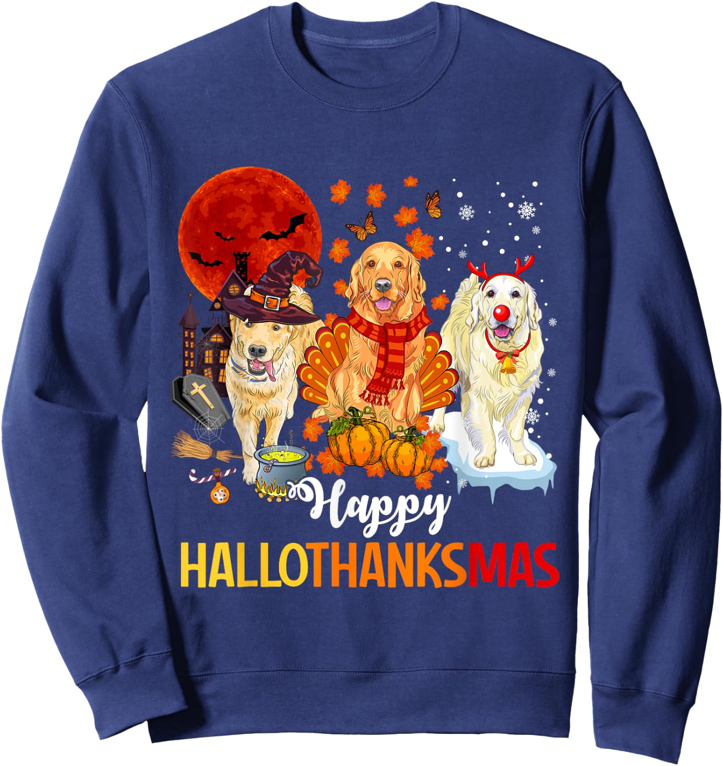 Golden Retriever Happy Hallothanksmas Halloween Thanksgiving Sweatshirt - Sweatshirt | Navy