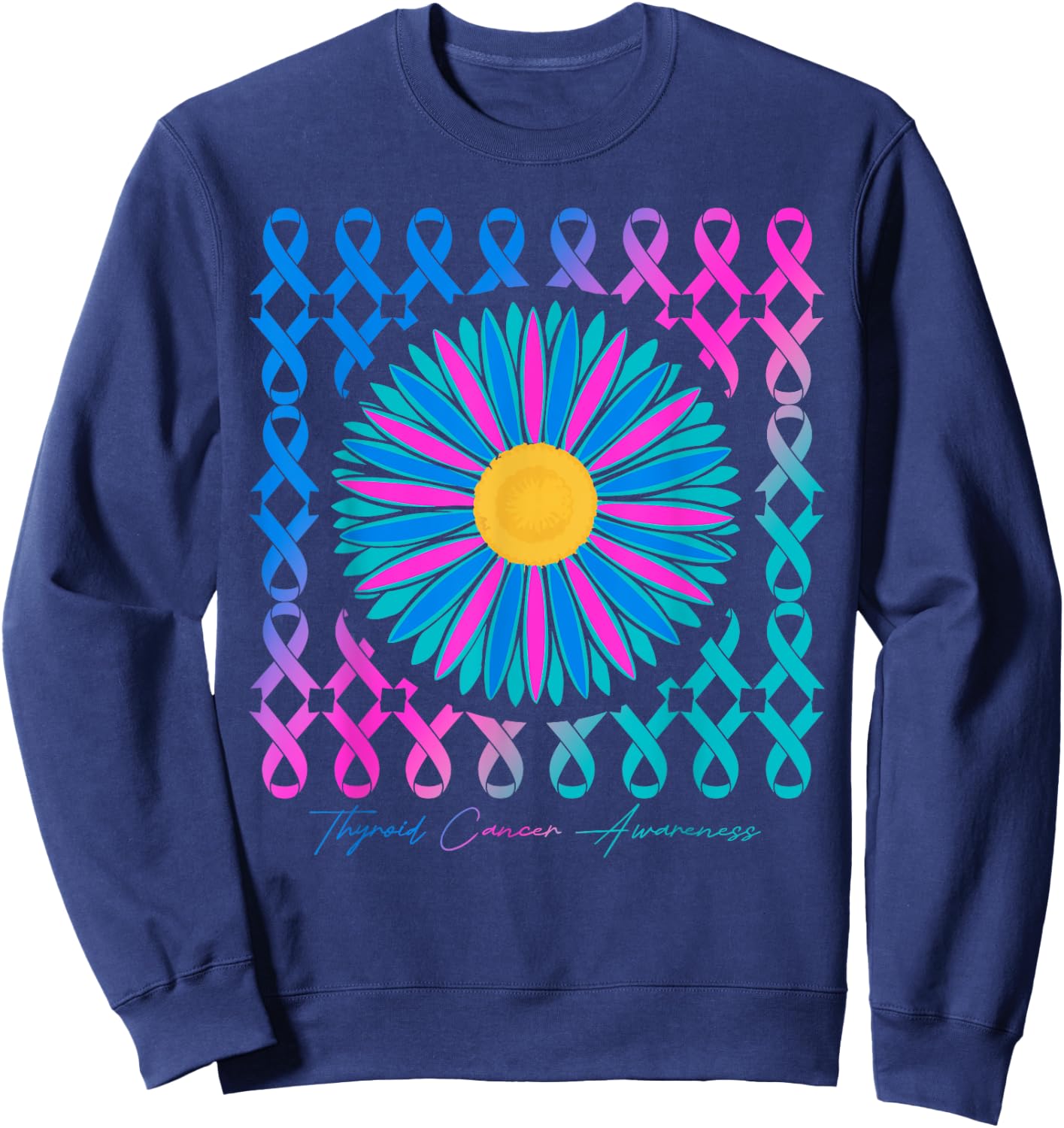 Thyroid Cancer Awareness Teal Pink Blue Ribbons Sweatshirt - Sweatshirt | Navy