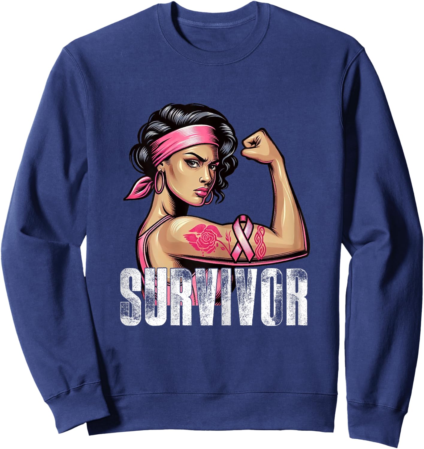 Breast Cancer Survivor Rosie Riveter Pink Awareness Women Sweatshirt - Sweatshirt | Navy