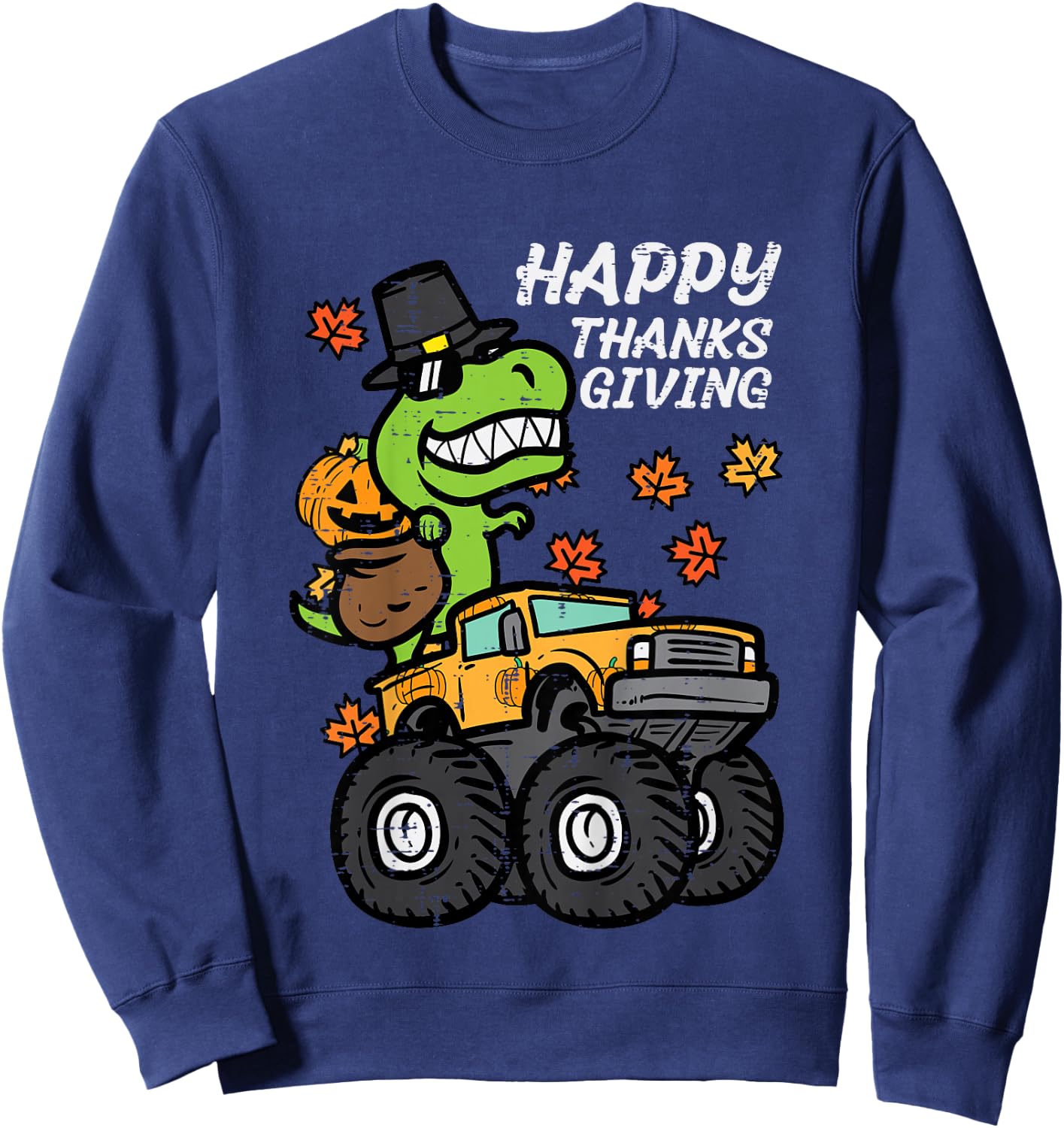 Kids Happy Thanksgiving Trex Monster Truck Fall Toddler Boys Kids Sweatshirt - Sweatshirt | Navy
