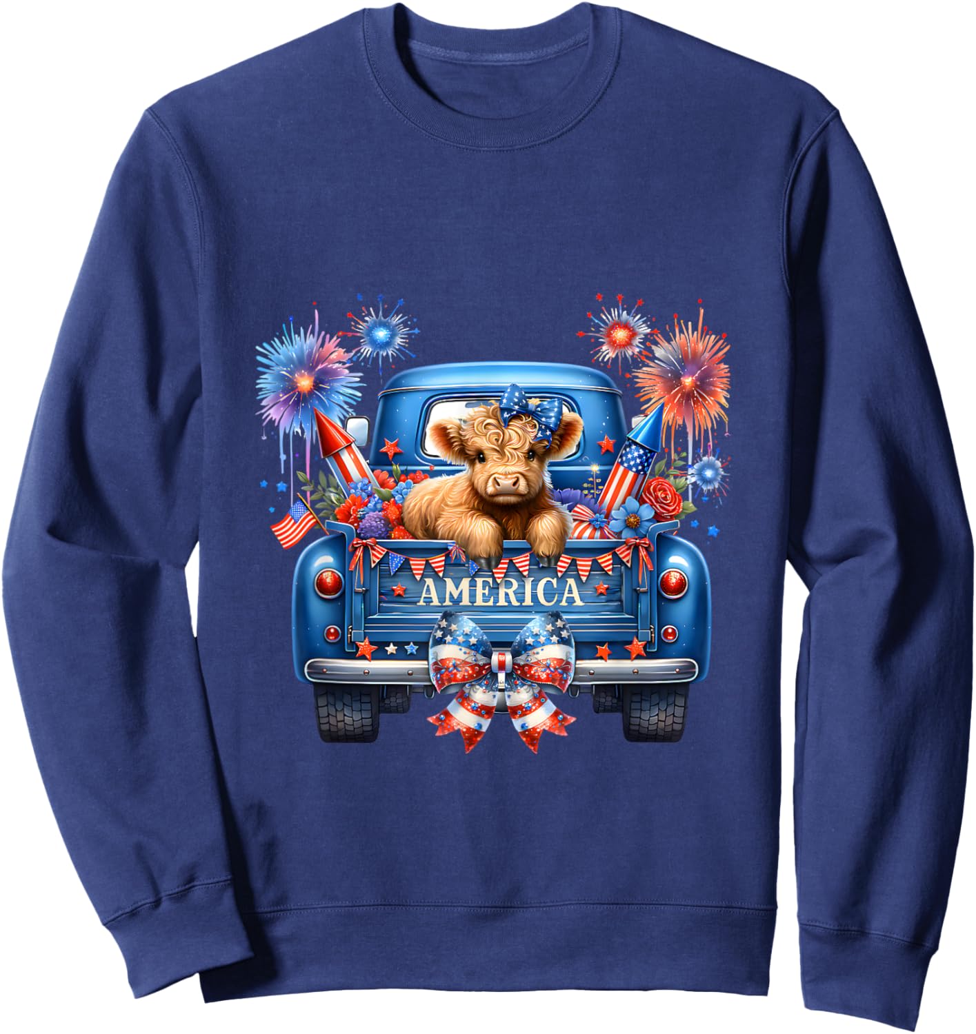 4th of July Highland Cow Green Truck Coquette Bow & Firework Sweatshirt - Sweatshirt | Navy