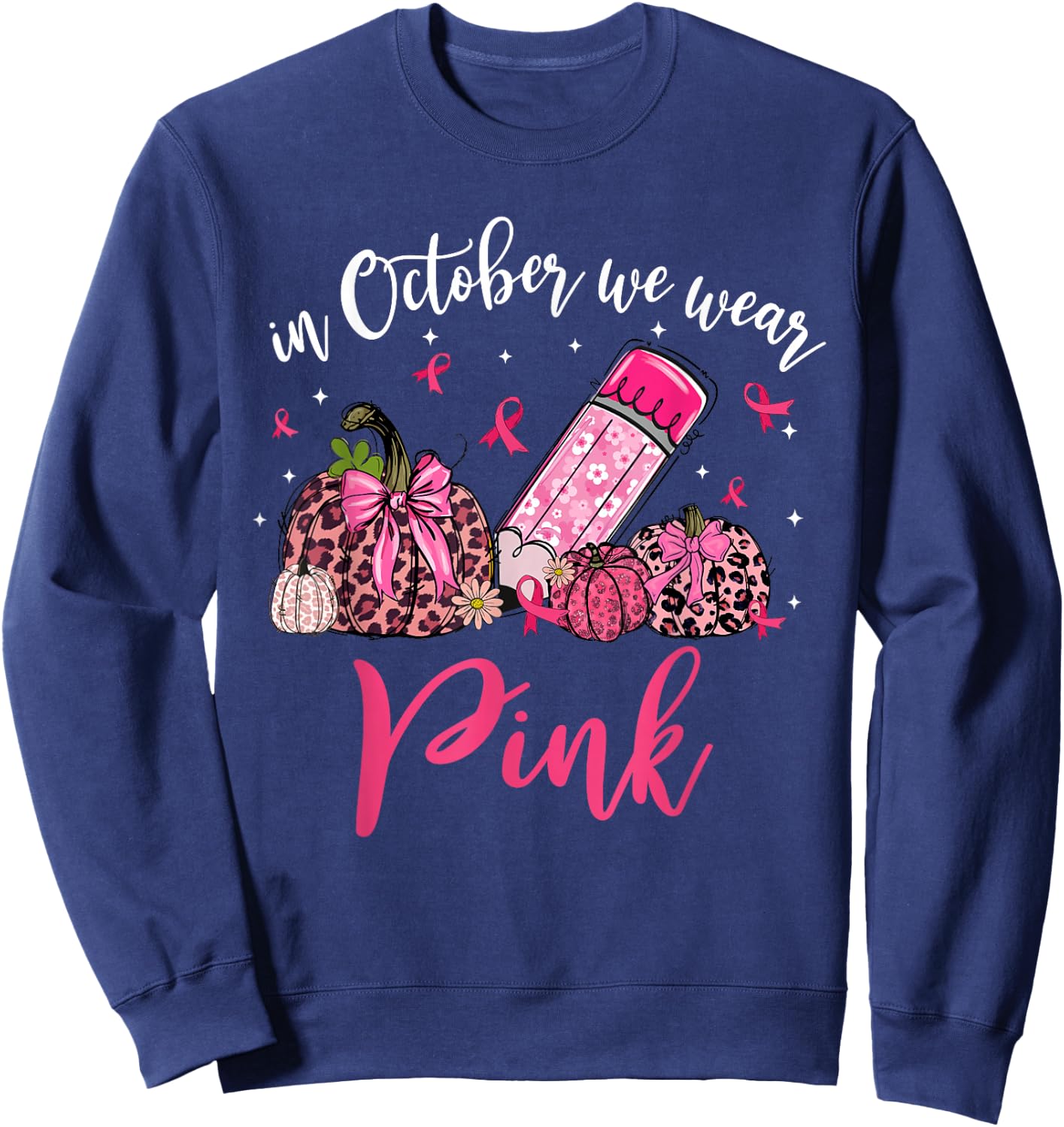 In October We Wear Pink Apple Teacher Daisy Breast Cancer Sweatshirt - Sweatshirt | Navy