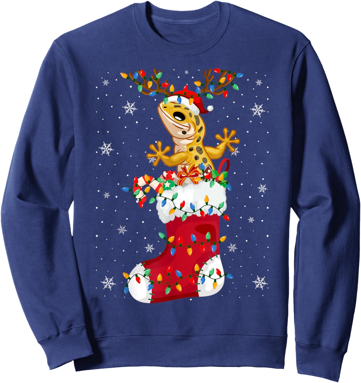 Santa Hat Leopard Gecko Animal In Socks Xmas Tree Lights Sweatshirt - Sweatshirt | Navy