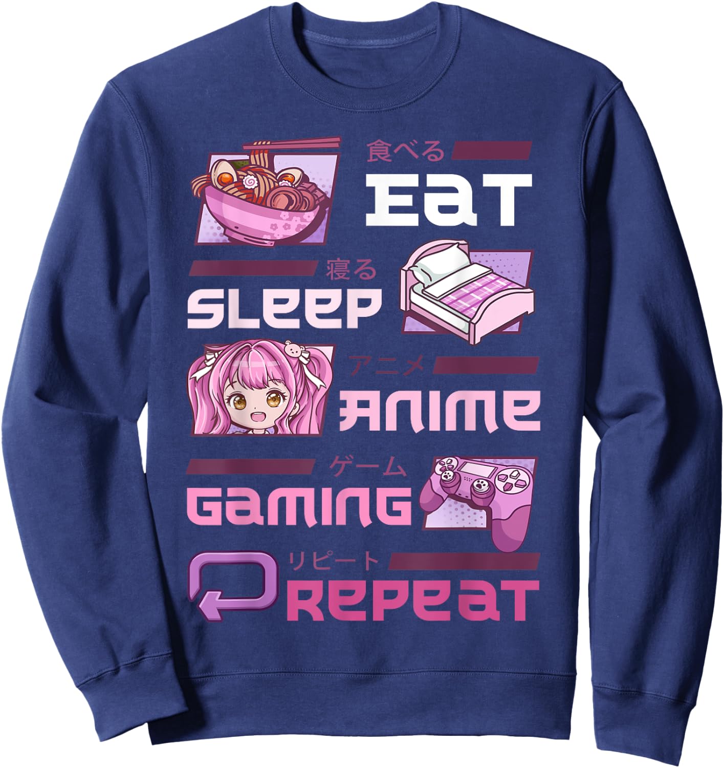 Gamer Gaming Video Games Funny Eat Sleep Anime Gaming Repeat Sweatshirt - Sweatshirt | Navy