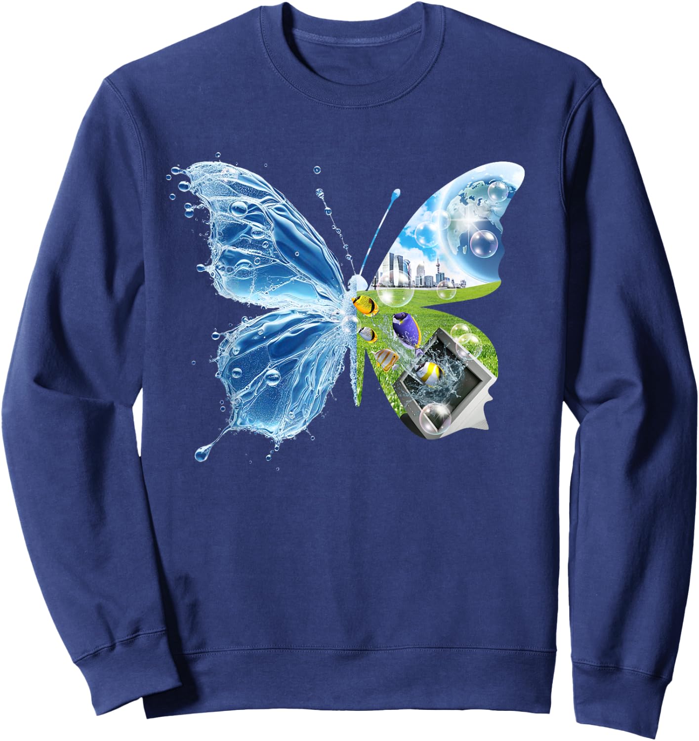 Frutiger Aero Aesthetic Butterfly Computer Fishes Scenery Sweatshirt - Sweatshirt | Navy