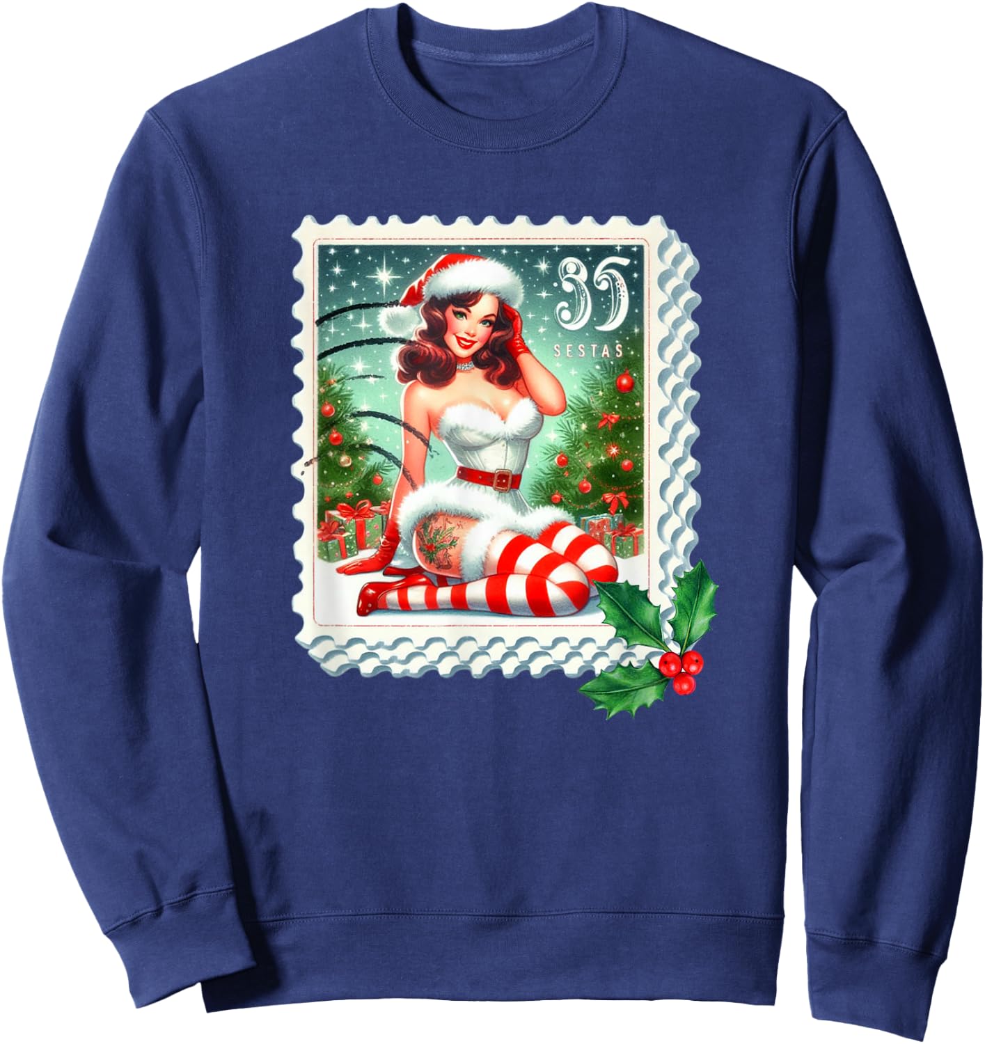 Vintage Christmas Stamp Holiday Pin Up Girl Design Sweatshirt - Sweatshirt | Navy