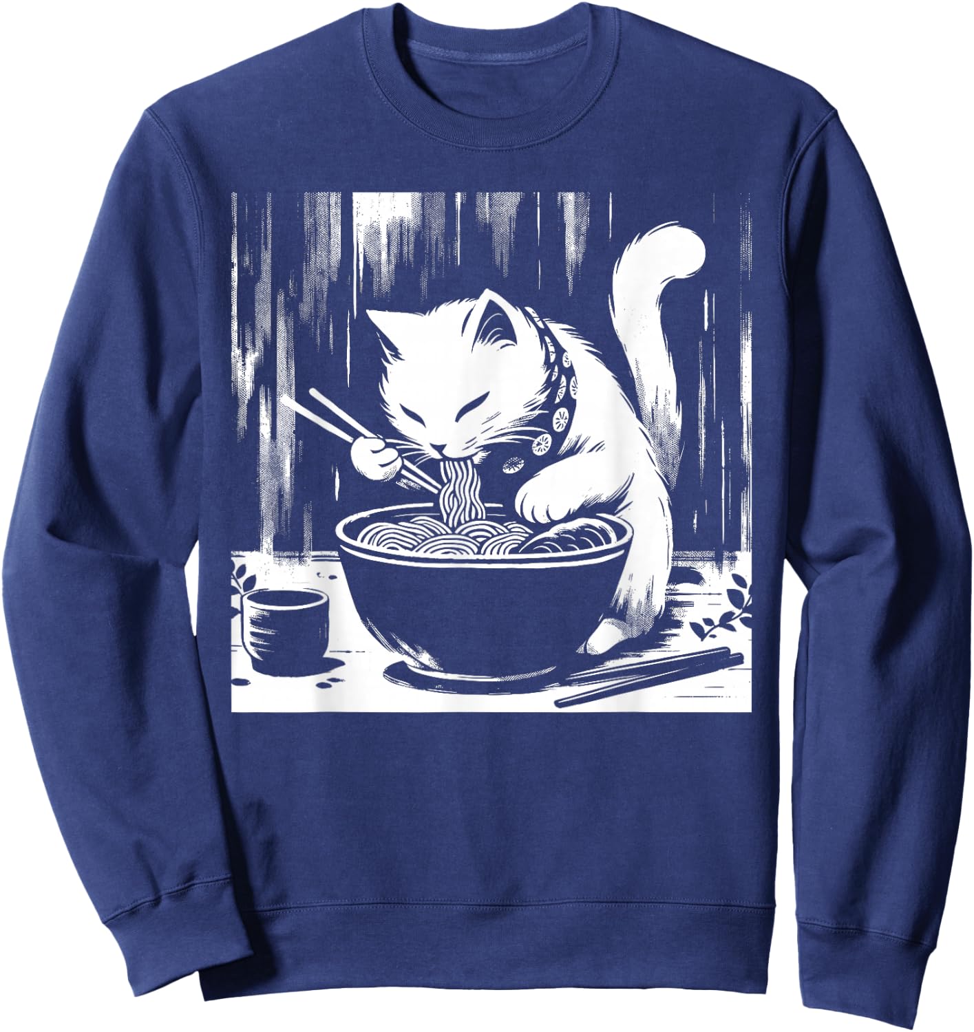 Retro Japanese Kawaii Anime Ramen Men Kids Women Cat Ramen Sweatshirt - Sweatshirt | Navy