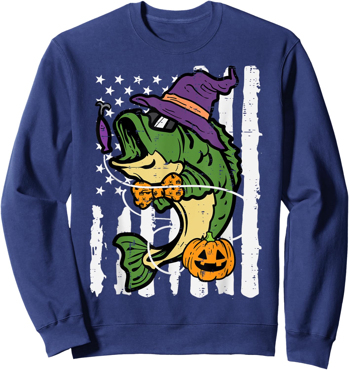 Halloween Bass Fish US Flag Costume Patriot Men Kids Women Sweatshirt - Sweatshirt | Navy