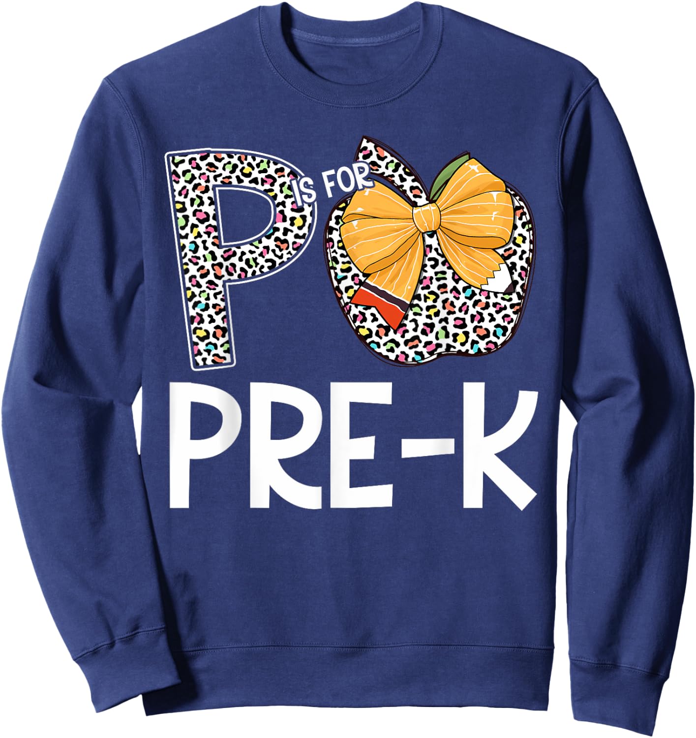 P Is For Pre-K Teacher Leopard Apple Back To School Sweatshirt - Sweatshirt | Navy
