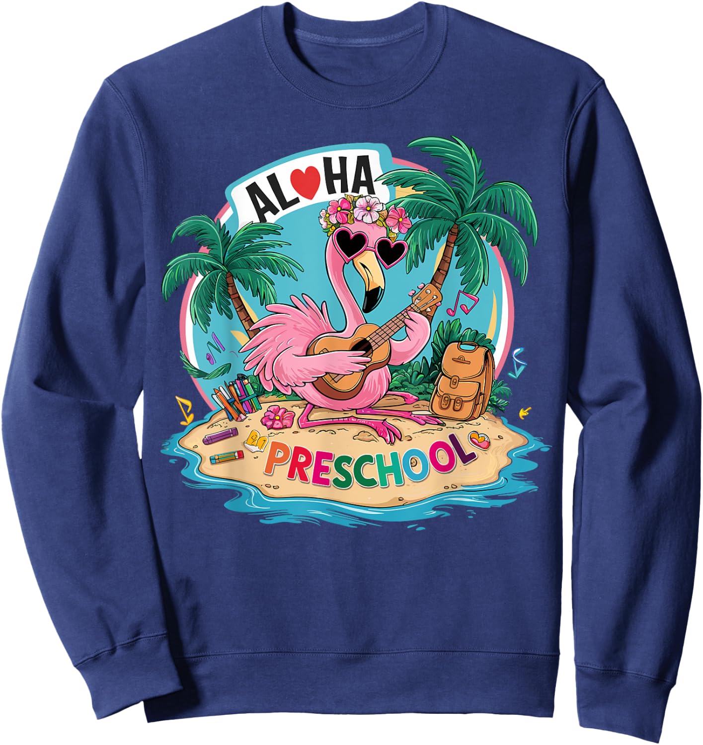Aloha Preschool Flamingo Hawaii Back to School Kids Girl Sweatshirt - Sweatshirt | Navy