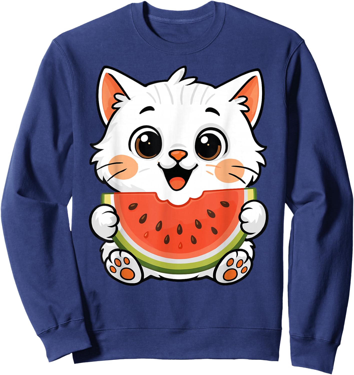 Kawaii Cat Eating Watermelon Summer Fruit Cat Lover Sweatshirt - Sweatshirt | Navy