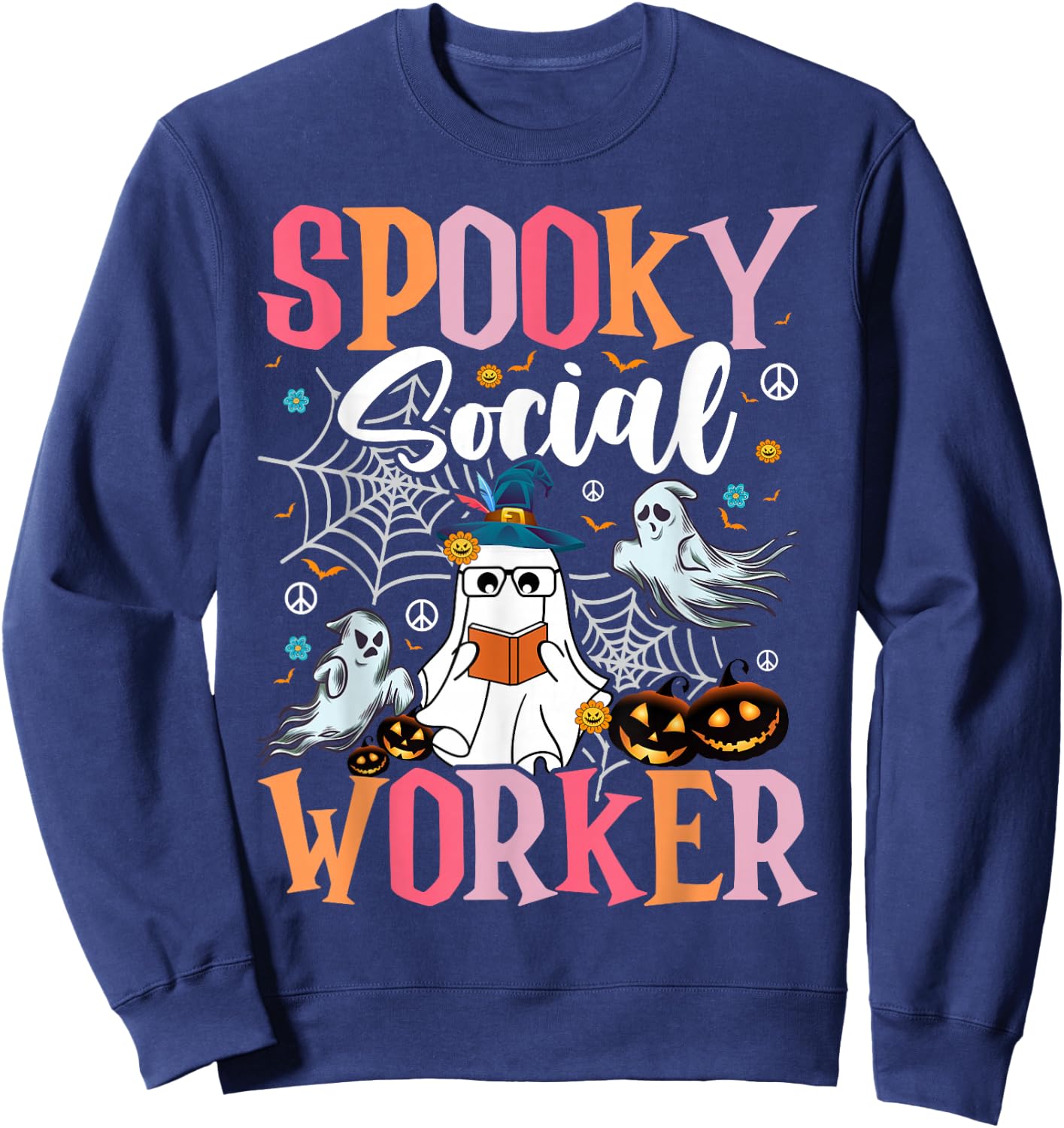 Groovy Retro Ghost Spooky Social Worker Halloween Costume Sweatshirt - Sweatshirt | Navy