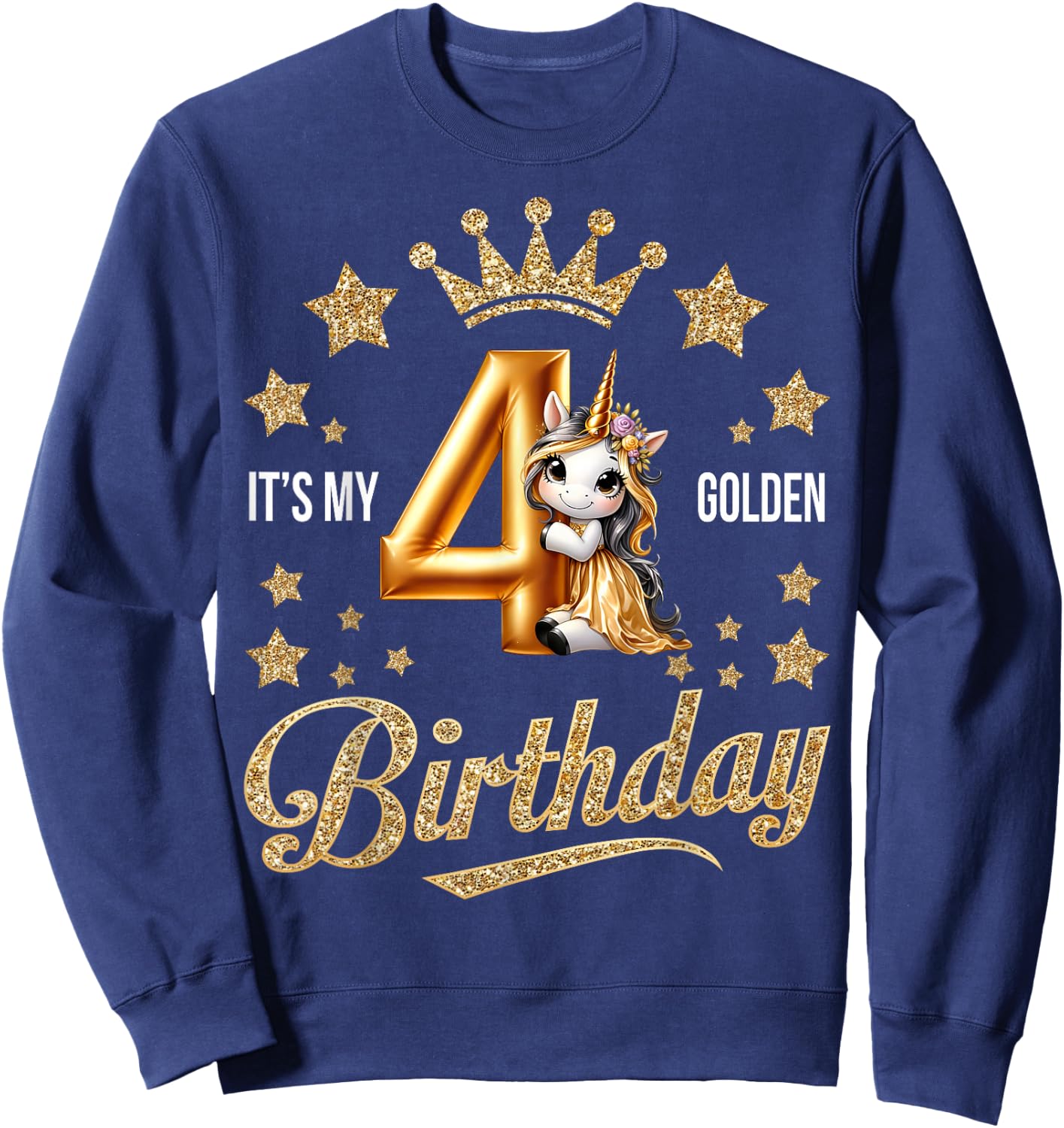 It's My 4th Golden Birthday 4 Year Old Bday Kids Groovy Sweatshirt - Sweatshirt | Navy