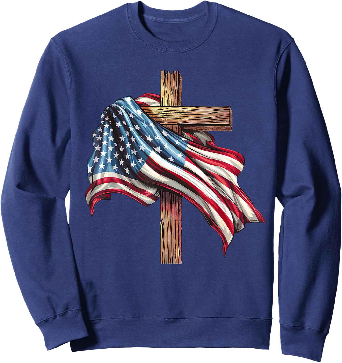 American Flag Cross for Patriotic USA Christians Distressed Sweatshirt - Sweatshirt | Navy