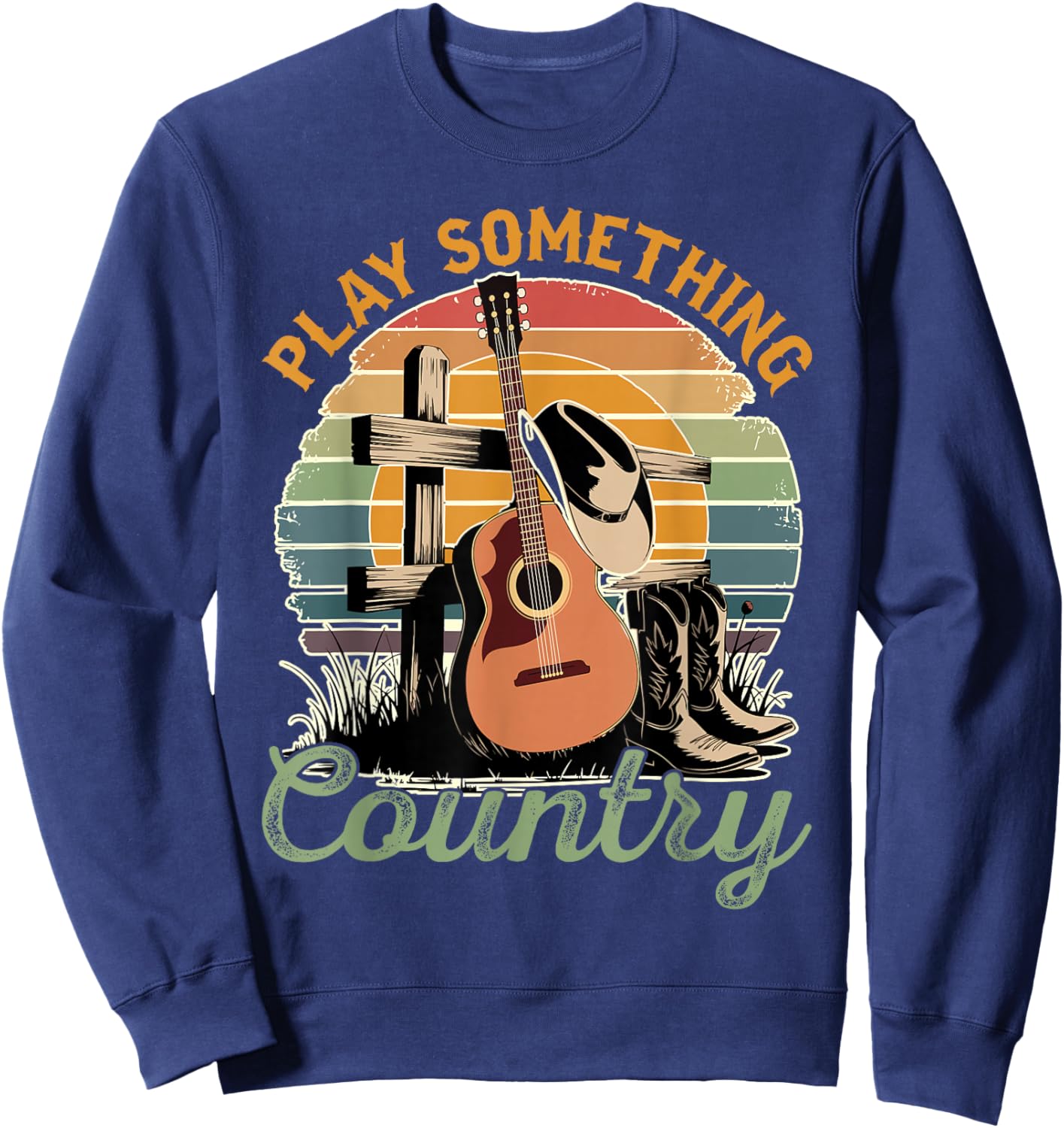 Funny Loves Country Music Country Music Festival Play Something Country -Adults Black Small Modern Classic U-Neck Short Sleeve Sweatshirt - Sweatshirt | Navy