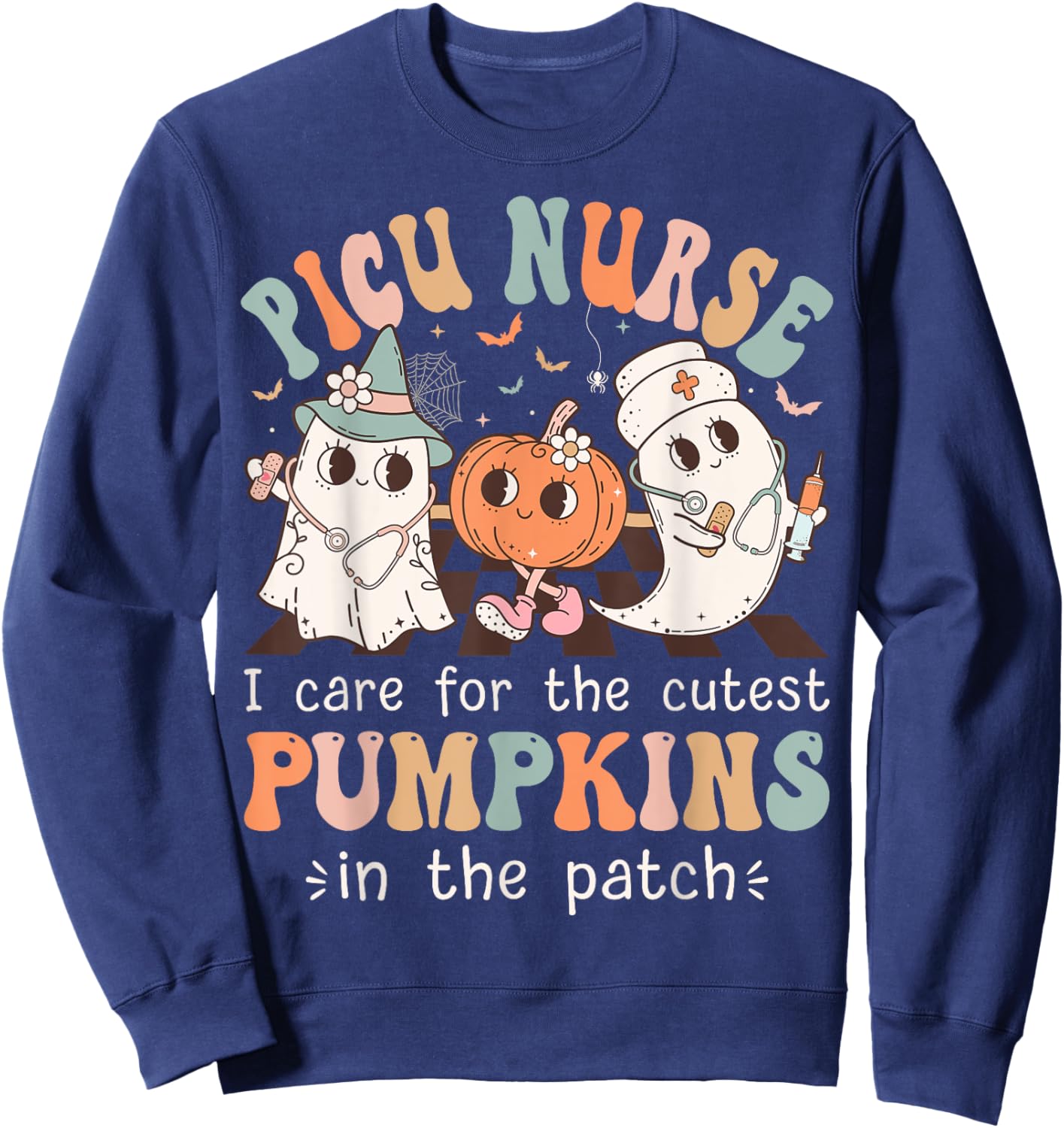 Groovy PICU Nurse Halloween Costume Ghost Peds Nurse Sweatshirt - Sweatshirt | Navy