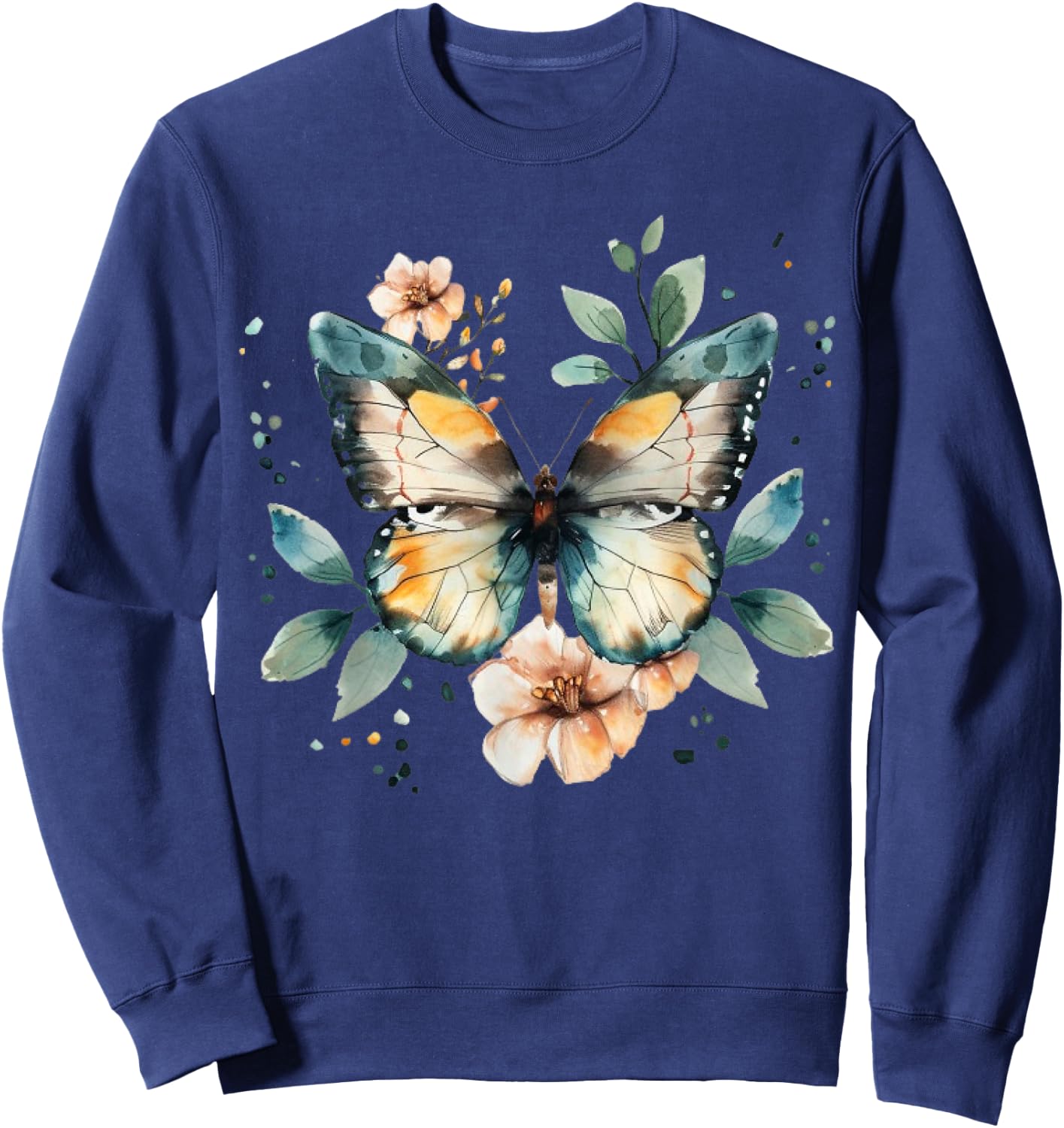 Butterfly With Flowers I Aesthetic Butterfly Sweatshirt - Sweatshirt | Navy