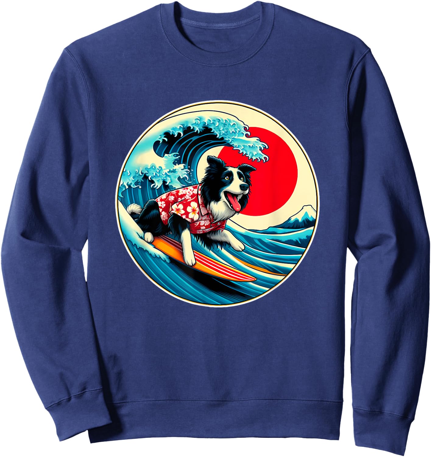 Great Wave Kanagawa Border Collie dog Surfing Women Kids Sweatshirt - Sweatshirt | Navy