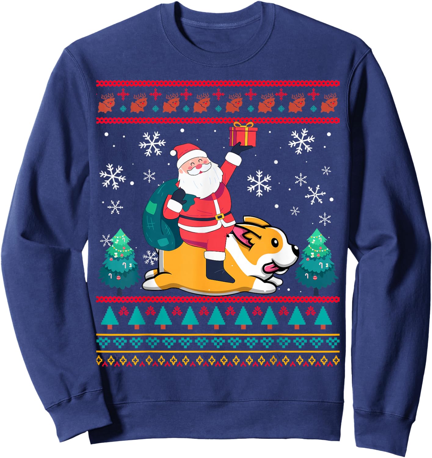Xmas Sweater Ugly Santa Riding Corgi Dog Christmas Women Kids Sweatshirt - Sweatshirt | Navy