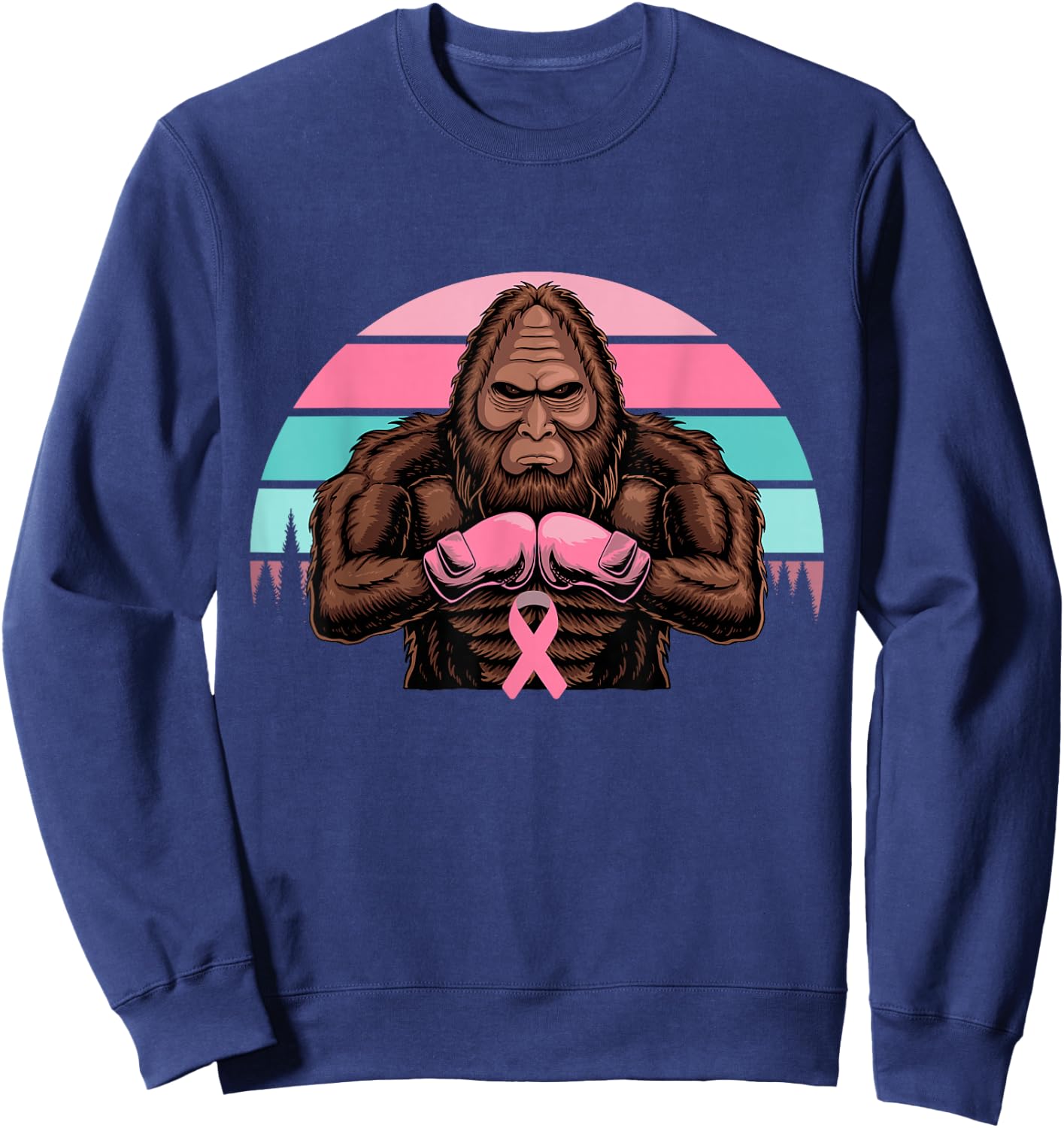 Bigfoot Boxing Pink Ribbon Breast Cancer Awareness Retro Sweatshirt - Sweatshirt | Navy