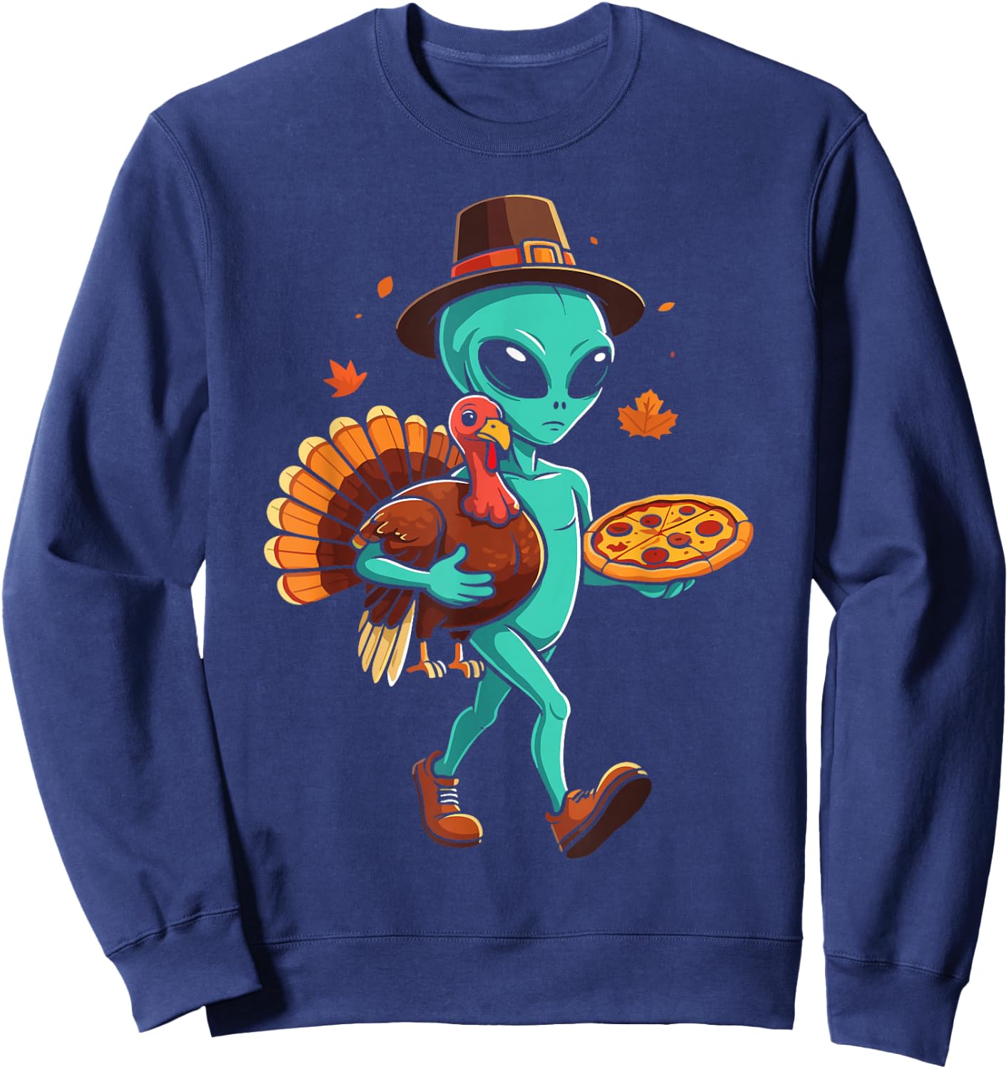 Alien turkey pizza thanksgiving day fall alien pilgrim Sweatshirt - Sweatshirt | Navy