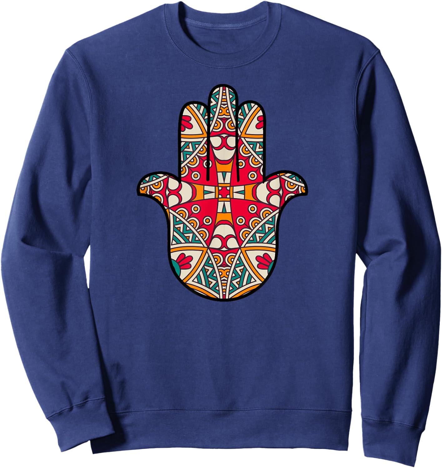 Hamsa Hand, Hamesh, Hand of Miriam Mandala Pattern Sweatshirt - Sweatshirt | Navy