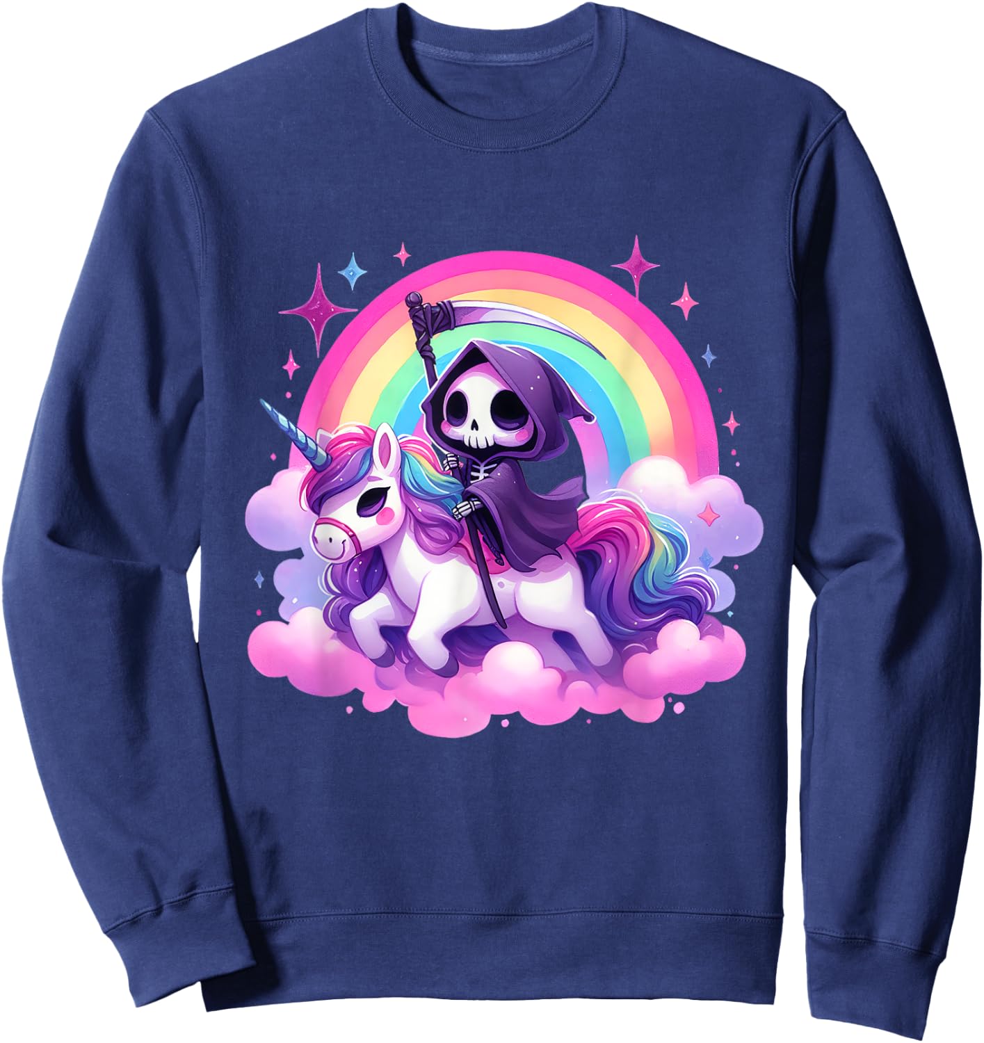 Funny Humor Rainbow Gothic Grim Reaper Riding Unicorn Kids Sweatshirt - Sweatshirt | Navy