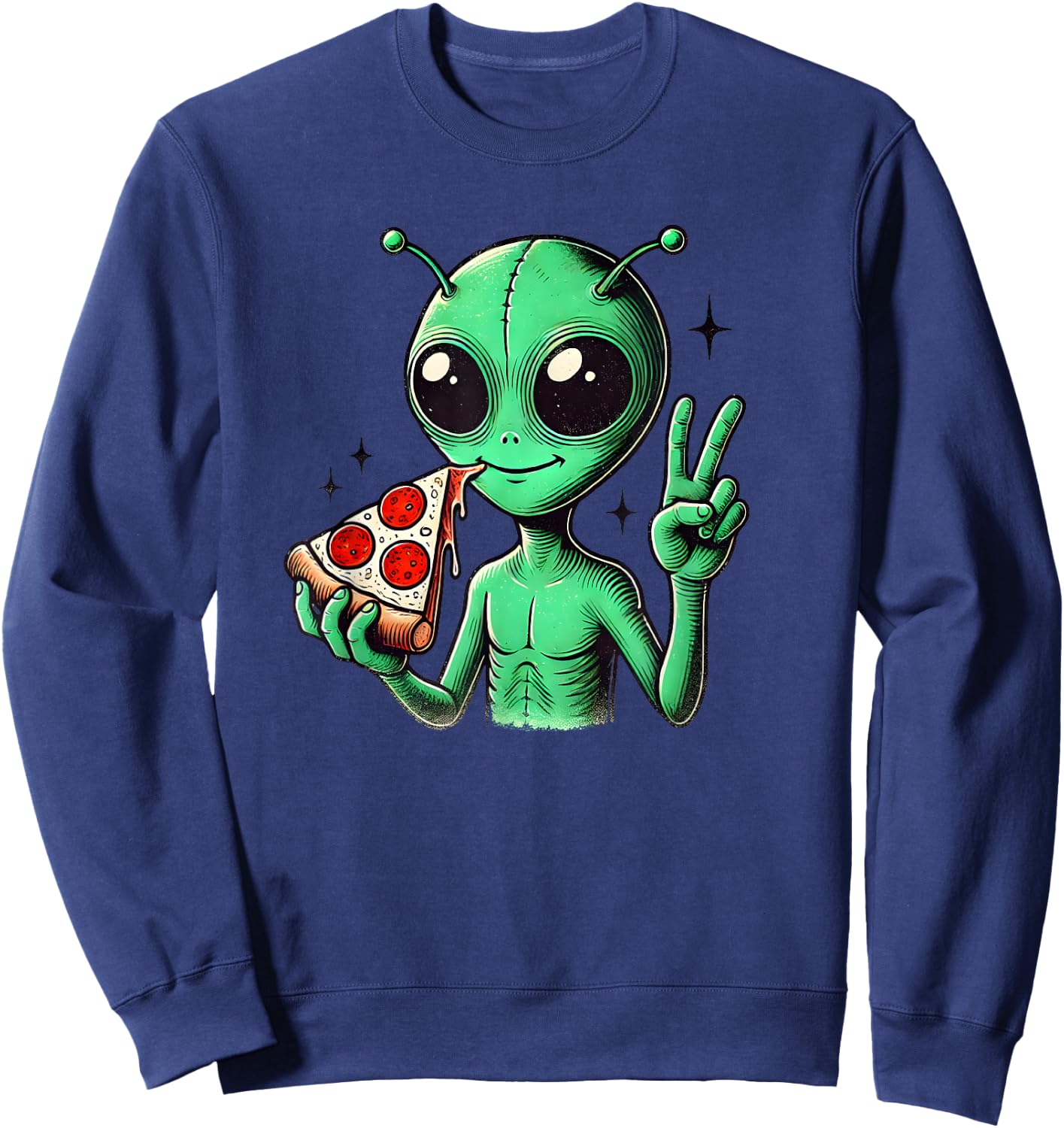 Funny Alien Head Eating Pizza UFO Extraterrestrial Sweatshirt - Sweatshirt | Navy