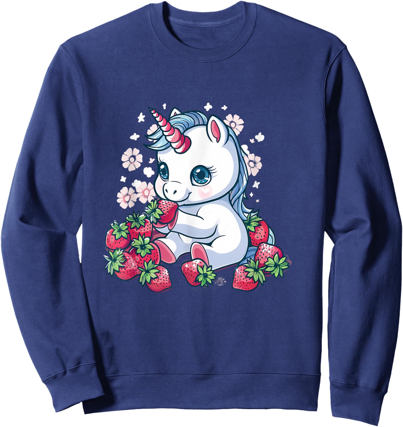 Strawberry Unicorn Cute Floral Strawberries Animal Print Sweatshirt - Sweatshirt | Navy