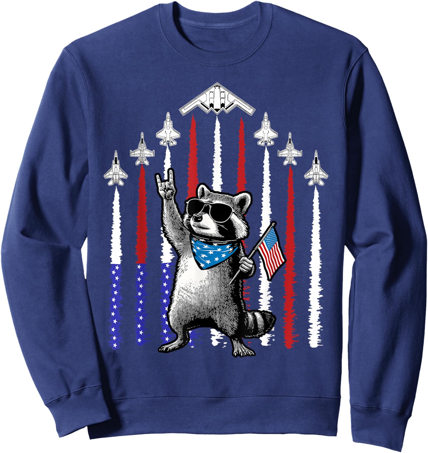 4th of July USA Flag Fighter Jets Raccoon Funny Patriotic Sweatshirt - Sweatshirt | Navy