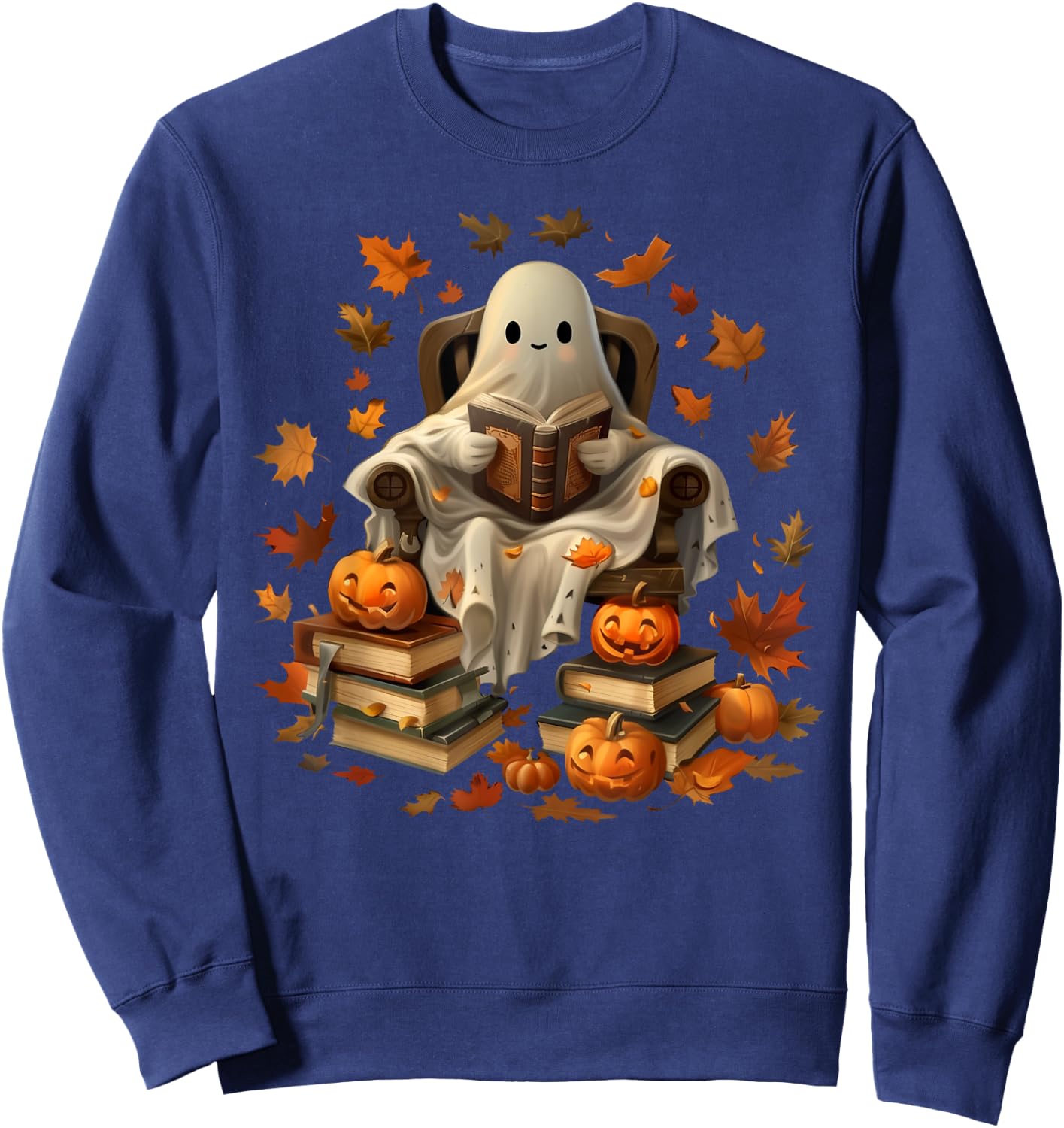 Vintage Ghost Book Reading Pumpkin Gothic Halloween Teachers Men Women Kids Sweatshirt - Sweatshirt | Navy