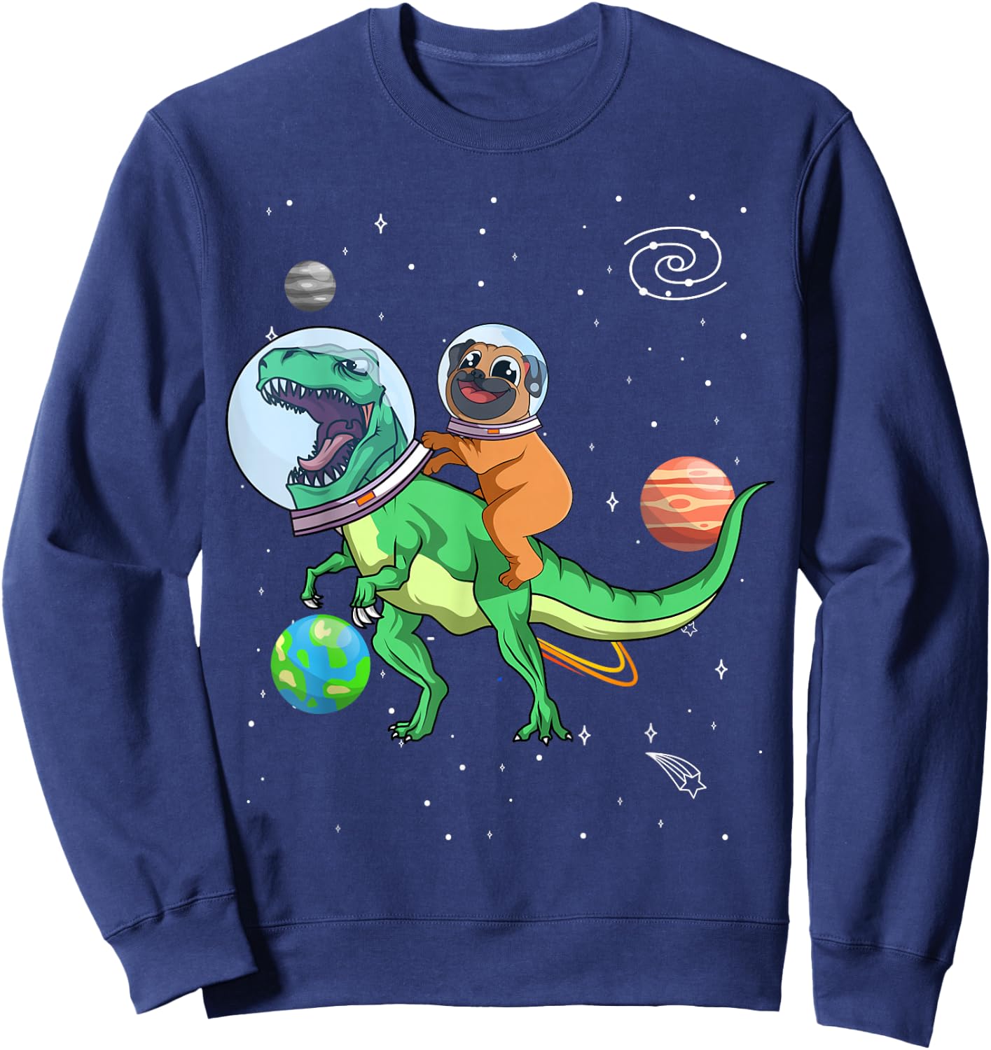 T-Rex Dinosaur In the Outer Space Astronaut Dog Pug Women Kids Sweatshirt - Sweatshirt | Navy