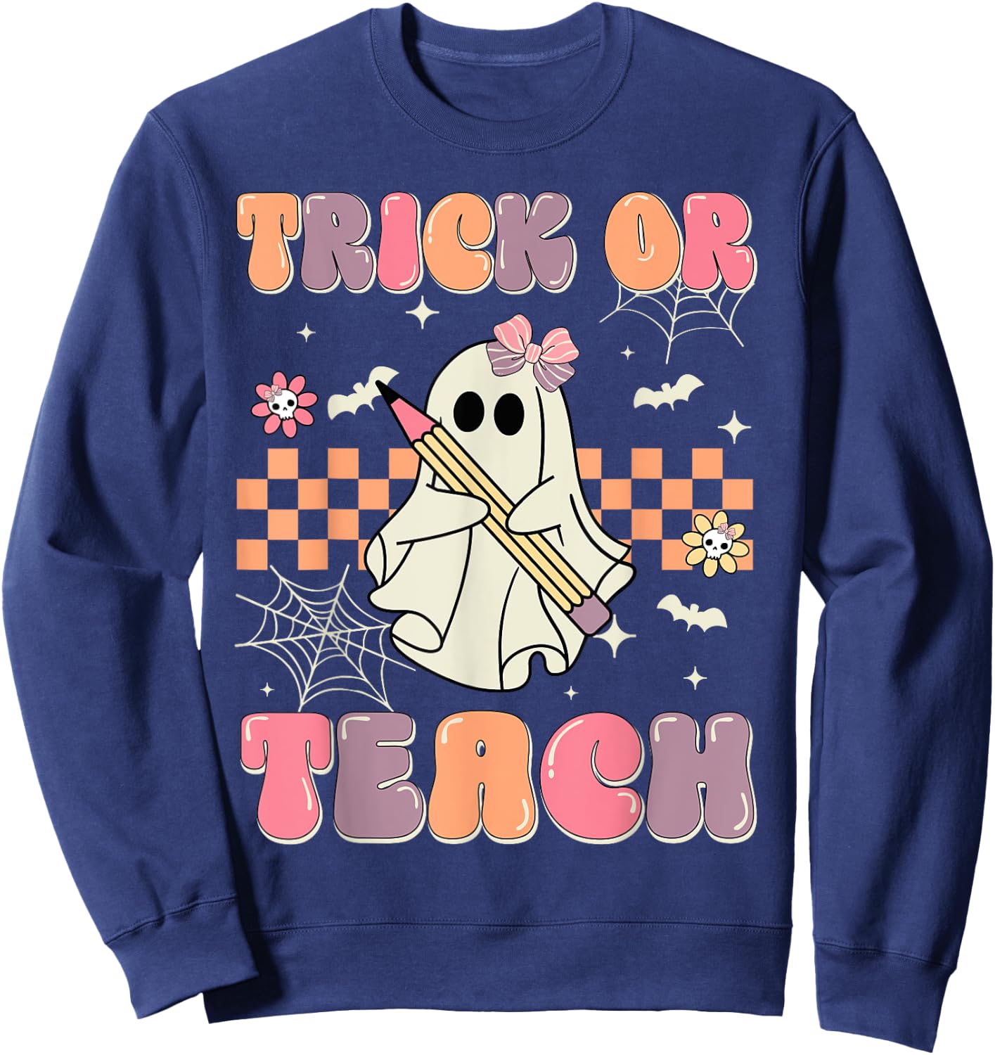 Funny Halloween Teachers Trick Or Teach Groovy Ghost Women Kids Sweatshirt - Sweatshirt | Navy