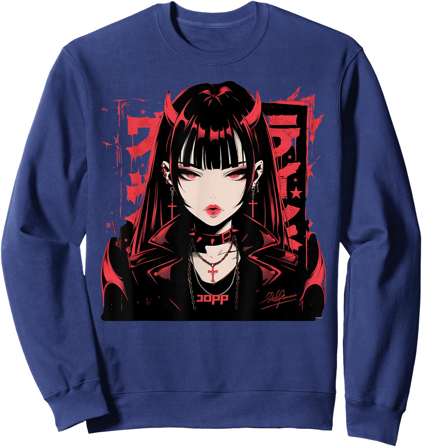 Goth Grunge Demon Anime Girl Waifu Horror Alt Aesthetic Sweatshirt - Sweatshirt | Navy