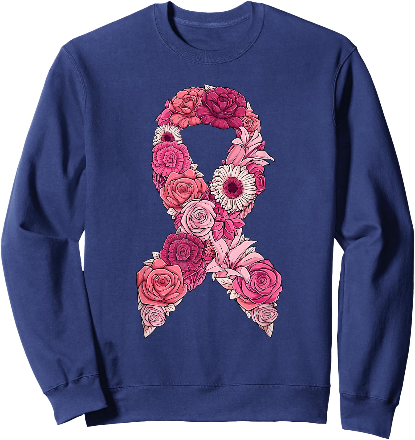Pink Ribbon With Flowers Breast Cancer Awareness Sweatshirt - Sweatshirt | Navy